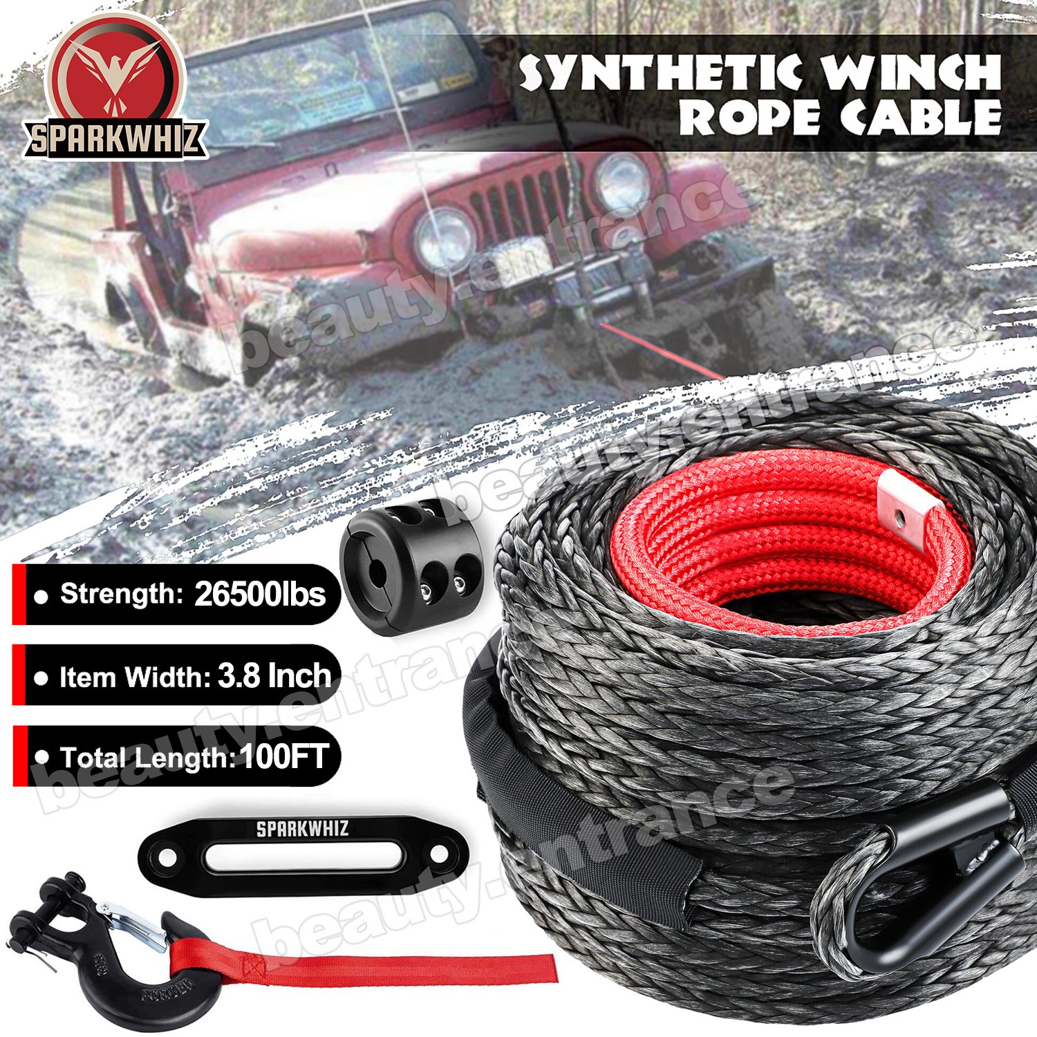 26500LBS 100FT Synthetic Winch Rope Winch Line Rope Cable w/ Steel Hook For 4WD