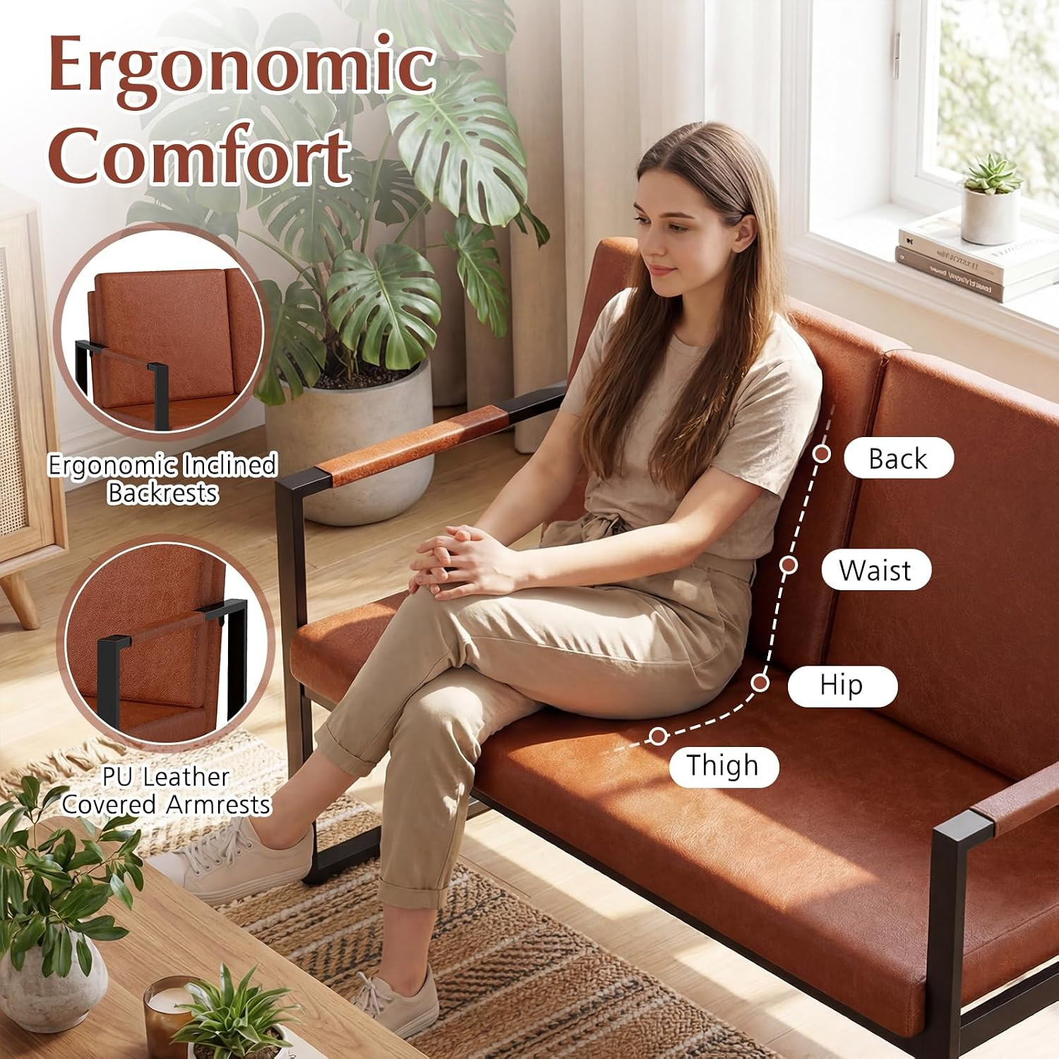 Stylish Brown Loveseat Sofa, 2-Seater with Metal Frame & Removable Cushions