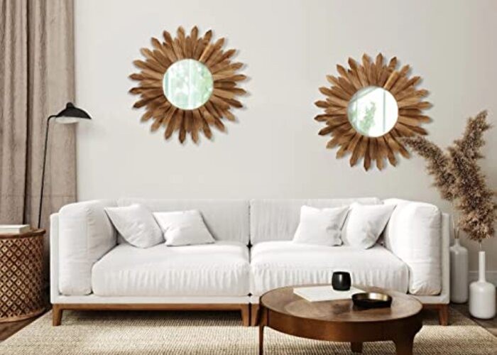 2 Pack 22 Inch Boho Wall Sunburst Mirror Rustic Round Wood Decorative Mirror