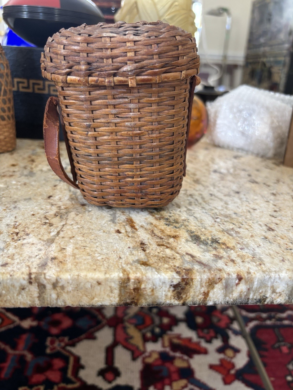 Vichy Lidded Wicker with glass cup Leather Handle