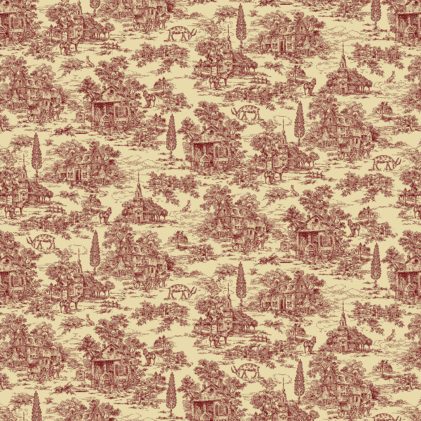 108" Wide Back Fabric | Farmhouse Christmas Red Village Toile | Henry Glass YARD