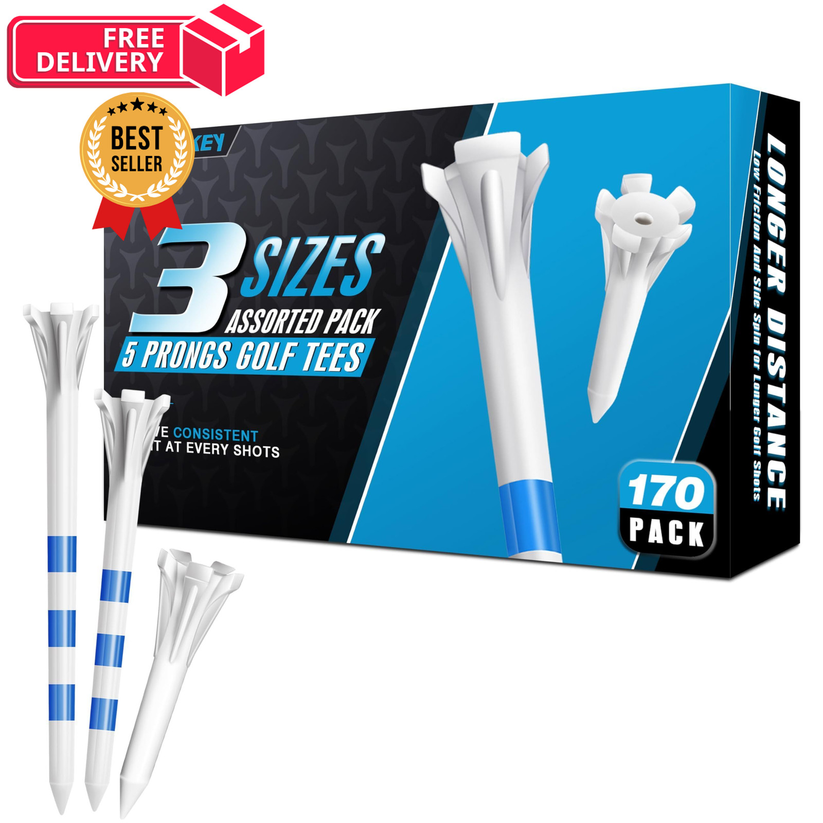 CHAMPKEY Professional 170 Pack 5-Prong Plastic Golf Tees 3 Sizes White