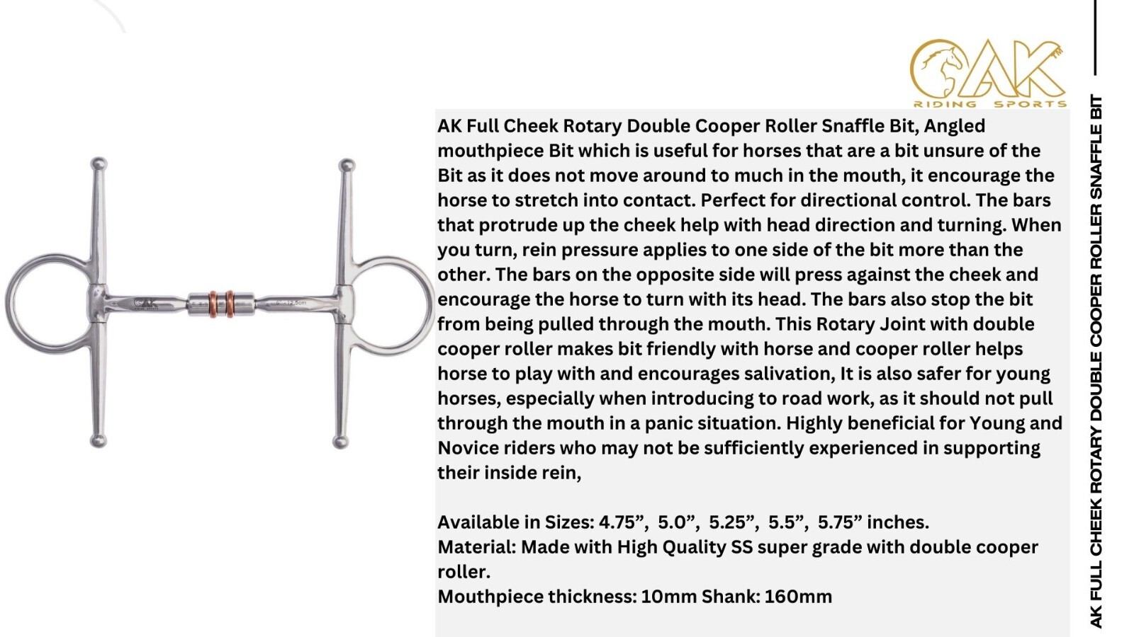 AK Full Cheek Rotary Double Cooper Roller Snaffle Horse Riding Bit