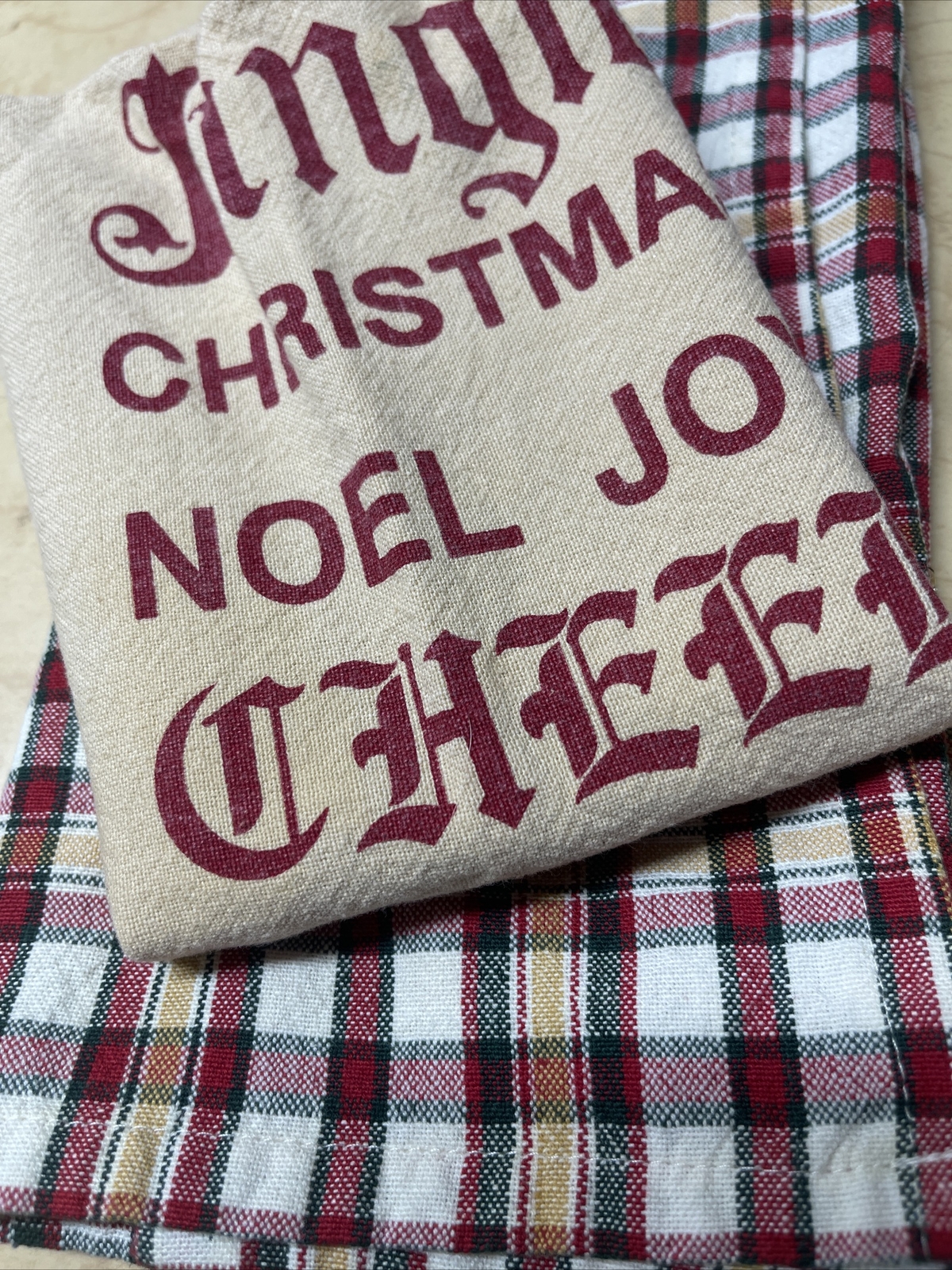 2 Christmas Dish Towels Jingle & Joy & Country Plaid Cotton Pair
