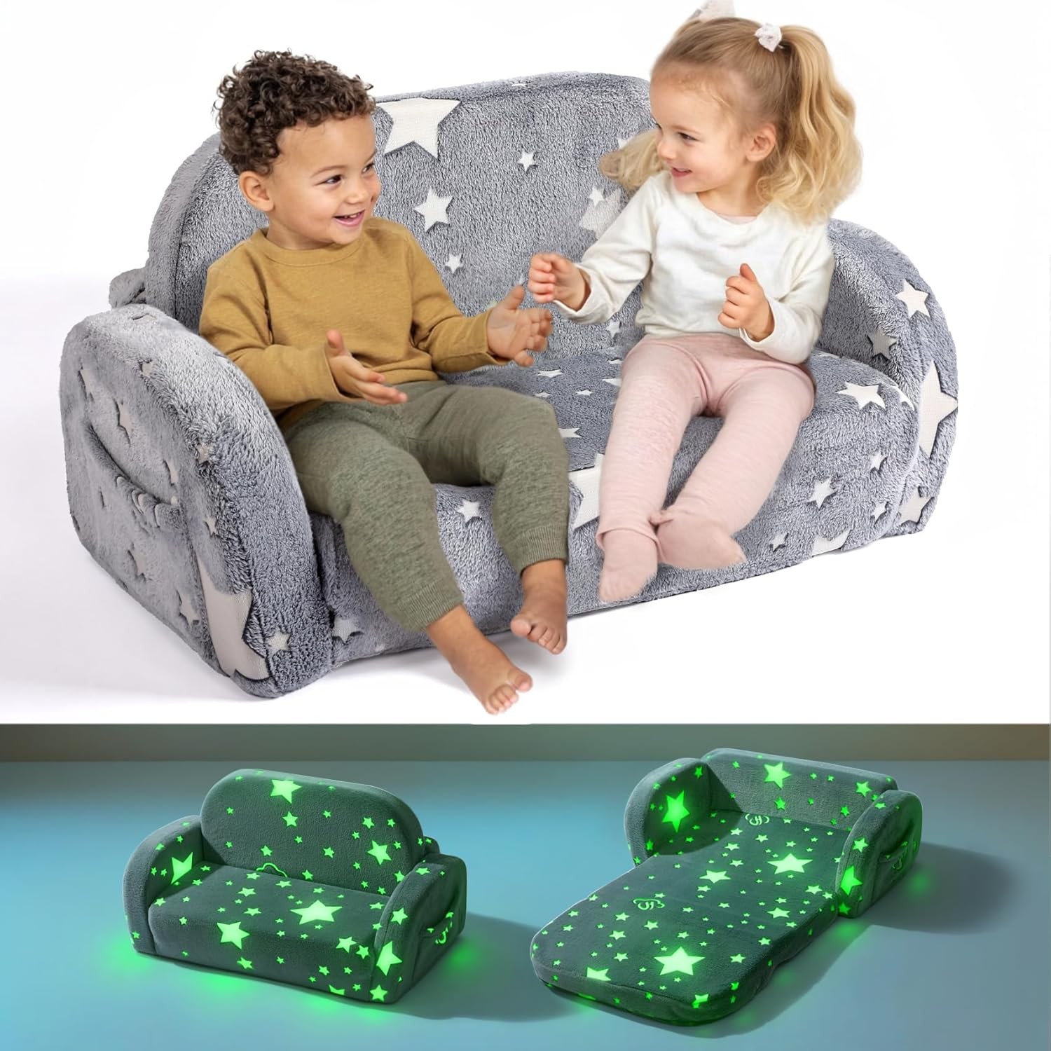 2-in-1 Sherpa Fold Out Kids Couch Extra Wide Comfy Toddler Chair Convertible NEW
