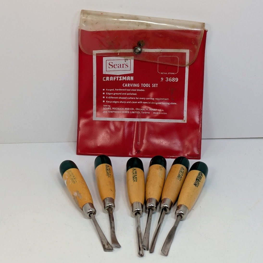 Sears Craftsman Vintage Wood Carving Tool Set 3689 Circle F 6pc Chisel Green Tip