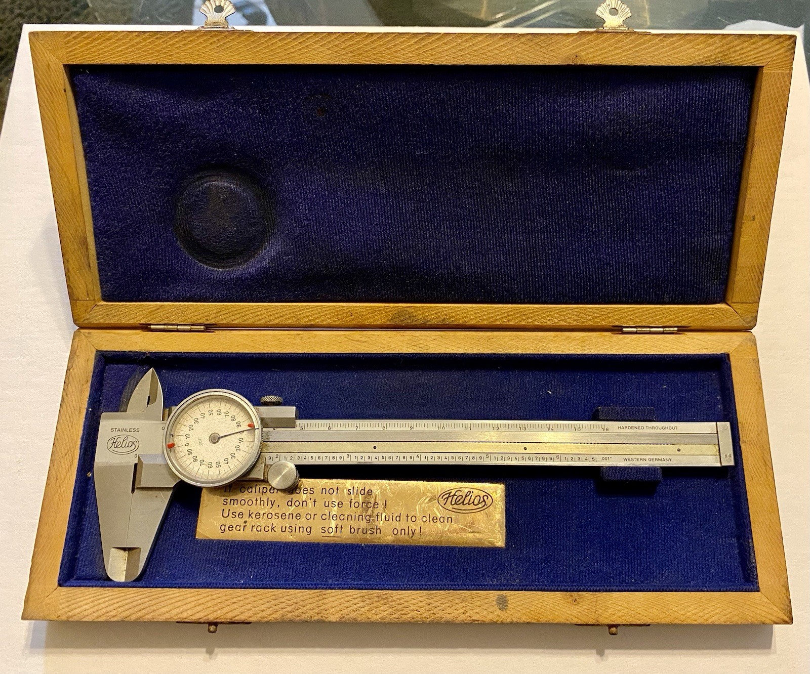 Vintage Helios Stainless Dial Caliper 6" West Germany- Wood Box -Metric Standard
