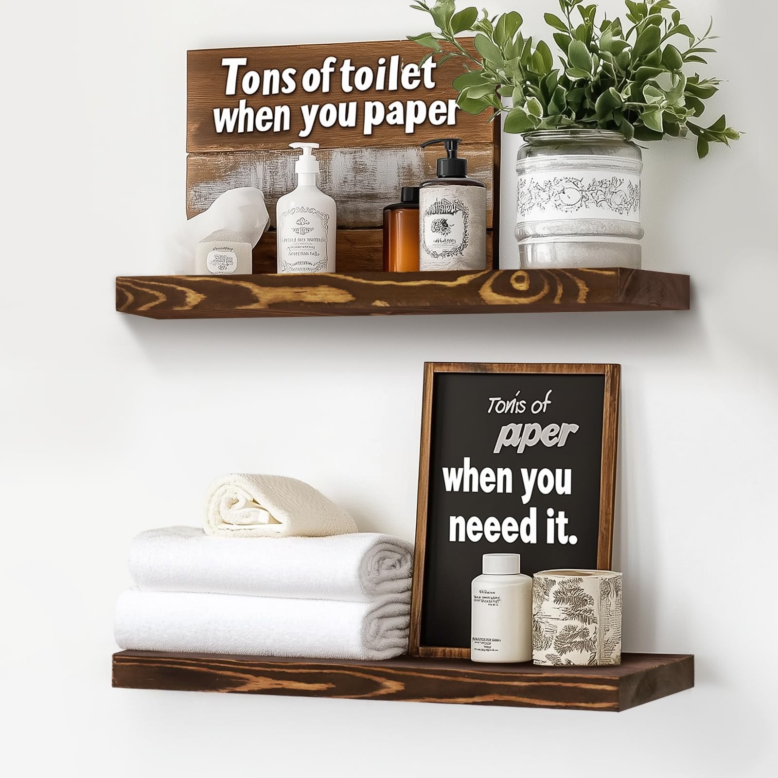 Floating Wall Shelves - 16"x6.8"x1.2" Sturdy Rustic Brown Solid Wood Shelves ...