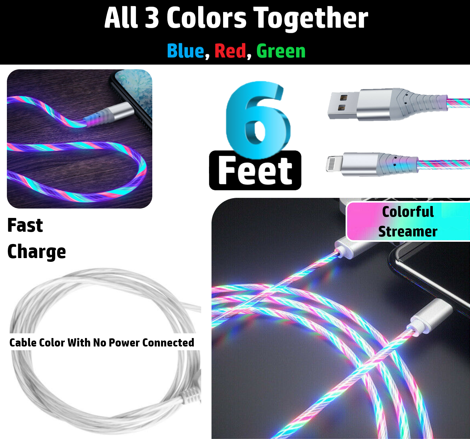 2 Pack 6ft LED Fast Charge 8 Pin Cable for Apple iPhone 13 12 11 X XR XS Pro Max