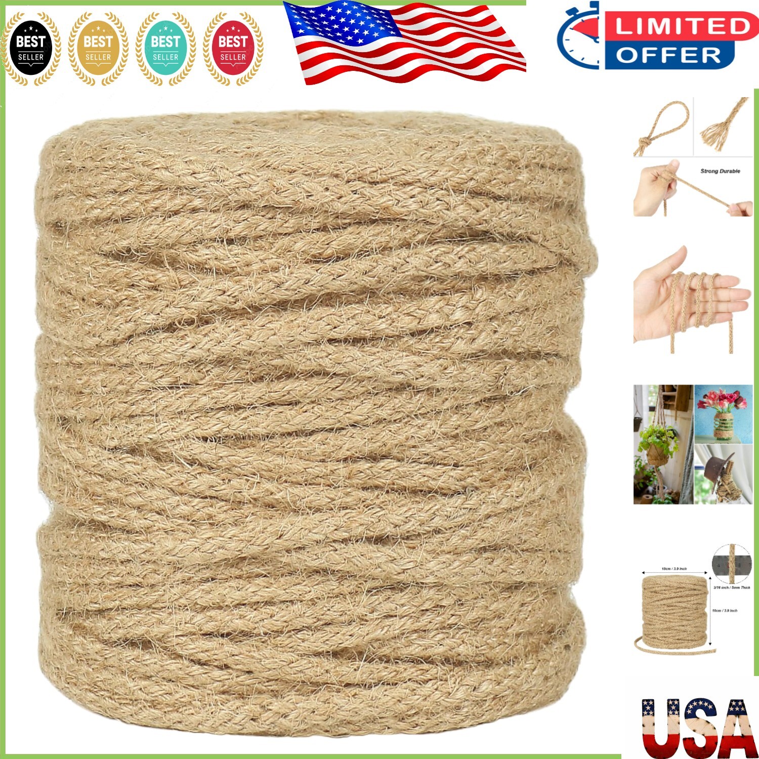 Durable 5mm Natural Jute Twine - 164ft Twine String for Holiday & Home Projects