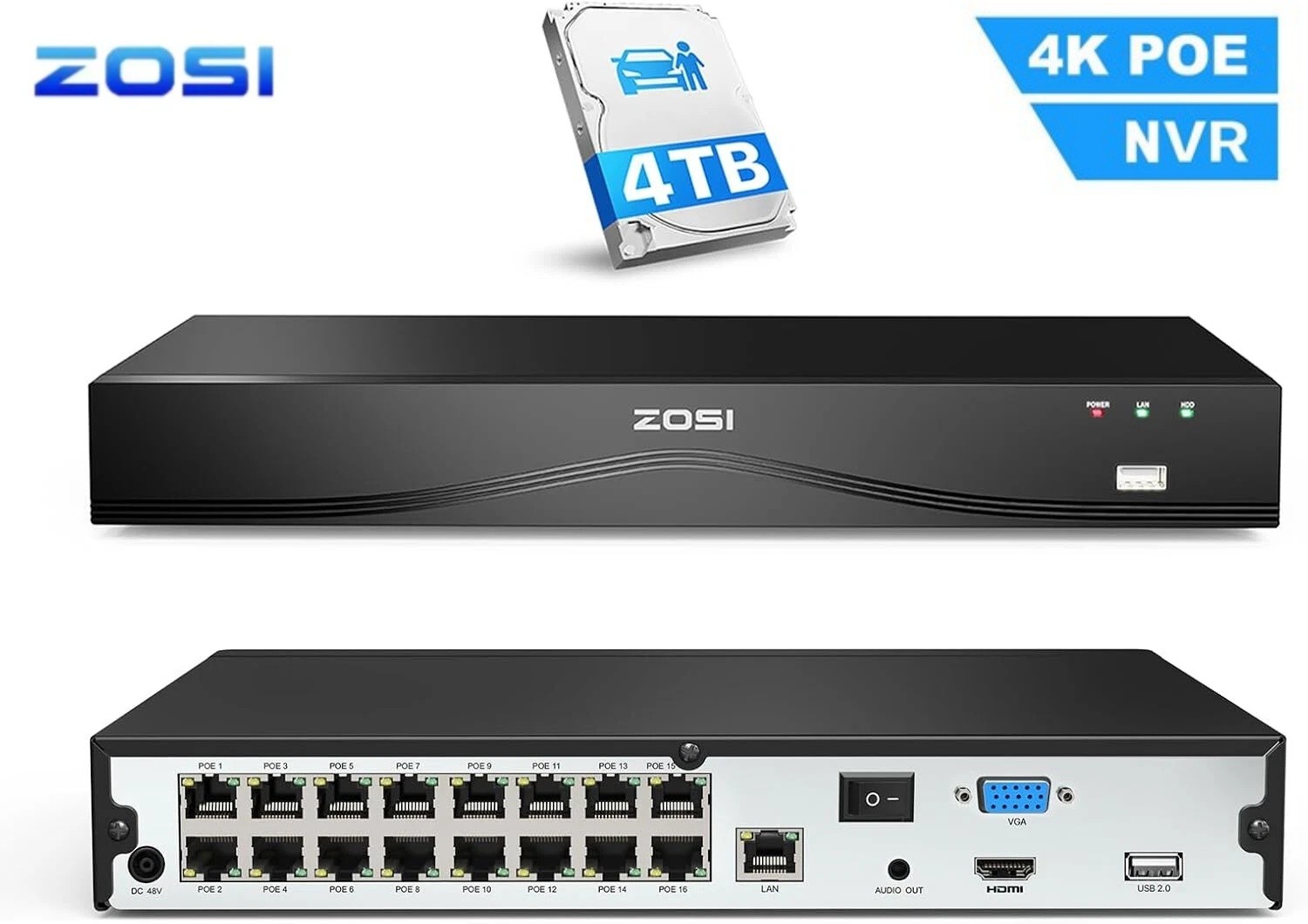 ZOSI 16CH 4K PoE NVR 8MP Video 4TB Hard Drive NVR for Add On IP Cameras System