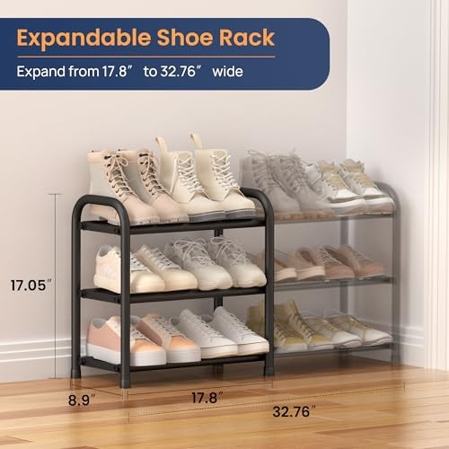 Expandable Shoe Rack Adjustable Shoe Organizer Shelf for Closet, Black 3 Tier