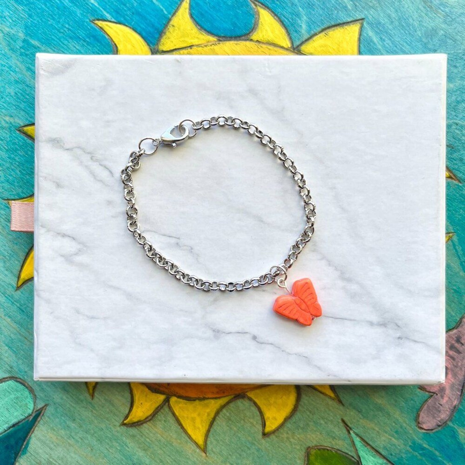Orange Butterfly Charm Silver Chain Bracelet