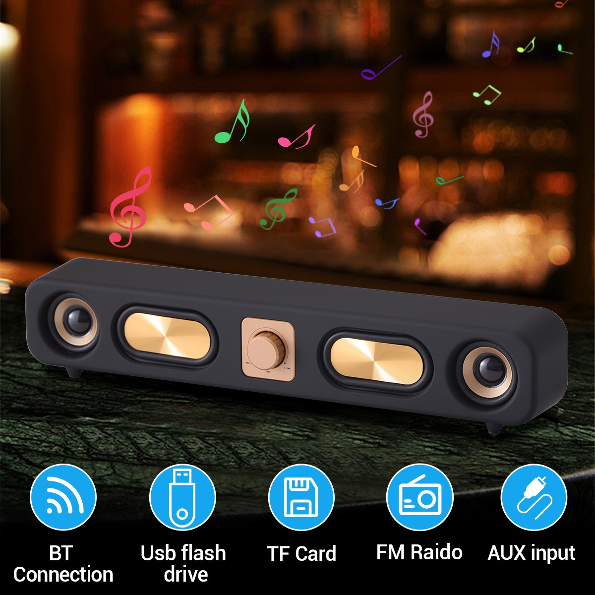 10W Retro Bluetooth Long Bar Speaker Black 4D Surround Audio Speaker Heavy Bass