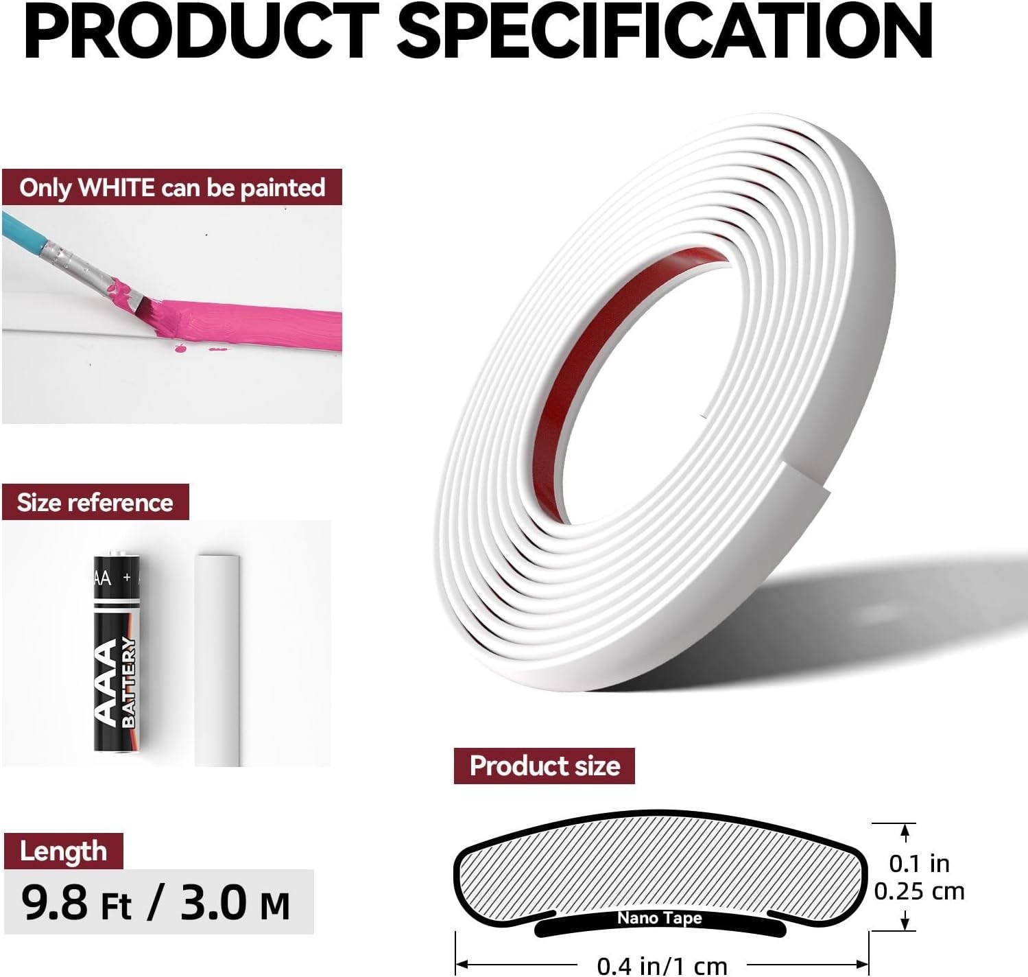 Flexible 9.8 Ft White Vinyl Wall Molding - Easy DIY Installation for Elegance