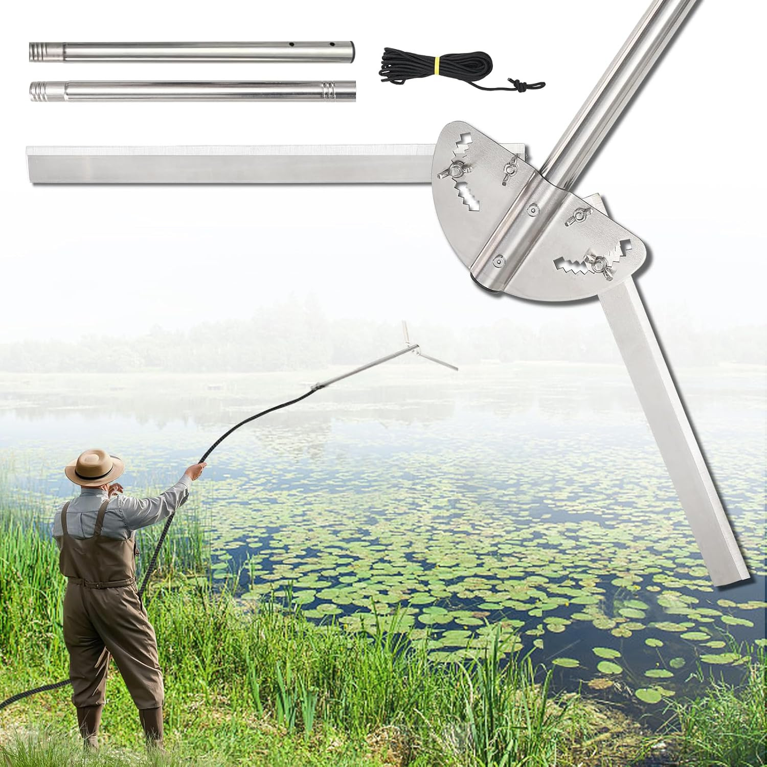 Lake Weed Cutter, Heavy Duty Pond Rake with 10"-32" Adjustable Cut Width, 32Ft T
