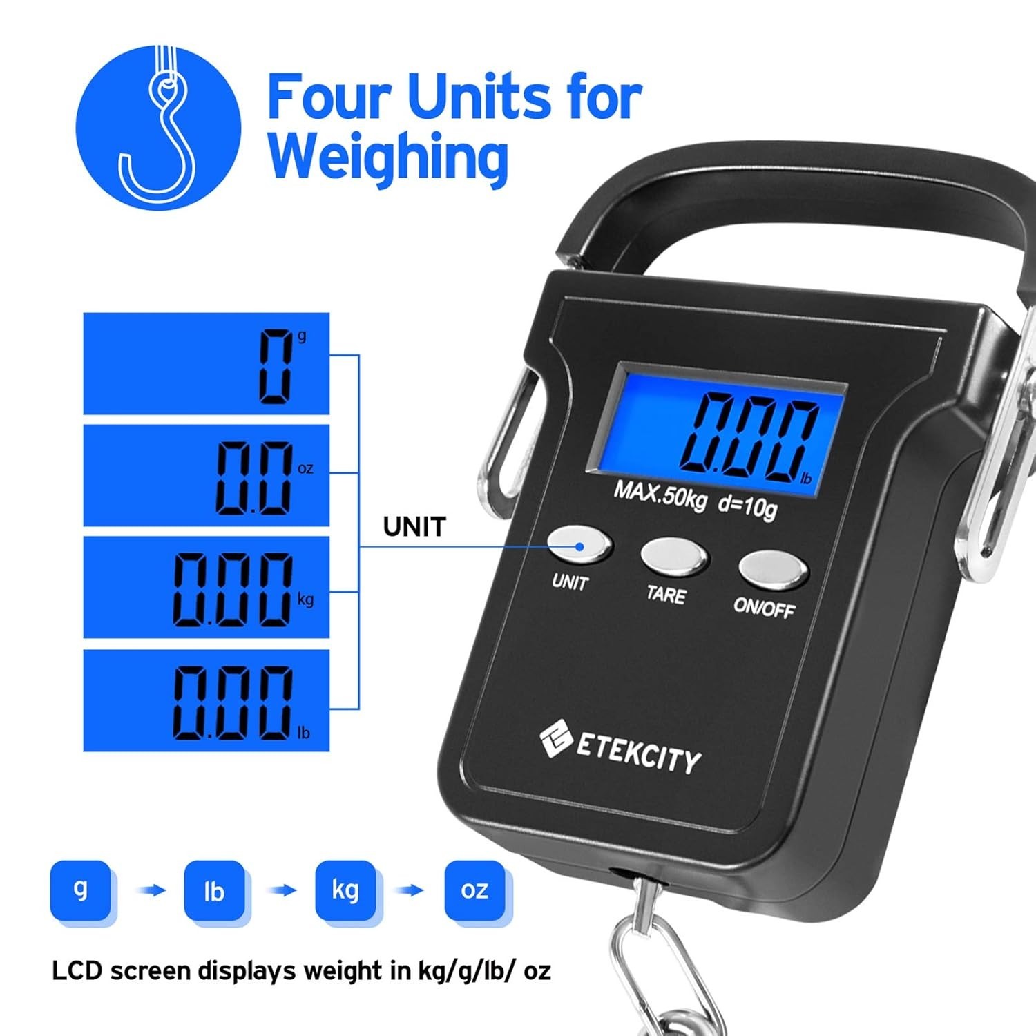 Versatile Hanging Hook Scale - 110lb Capacity, Backlit Display for Easy Reading