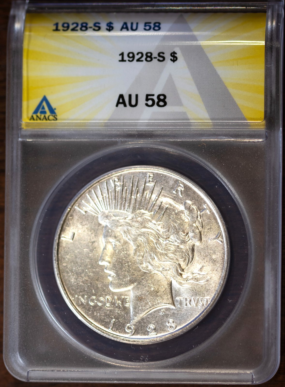 1928-S $1 Silver Peace Dollar AU 58 ANACS # 7469351 + Bonus