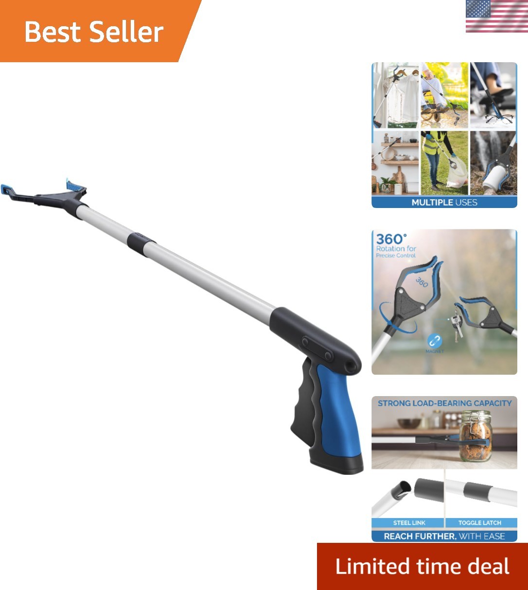 Compact 32" Grabber Reacher Tool with 96 Grip Points – Ideal for Elderly Aid