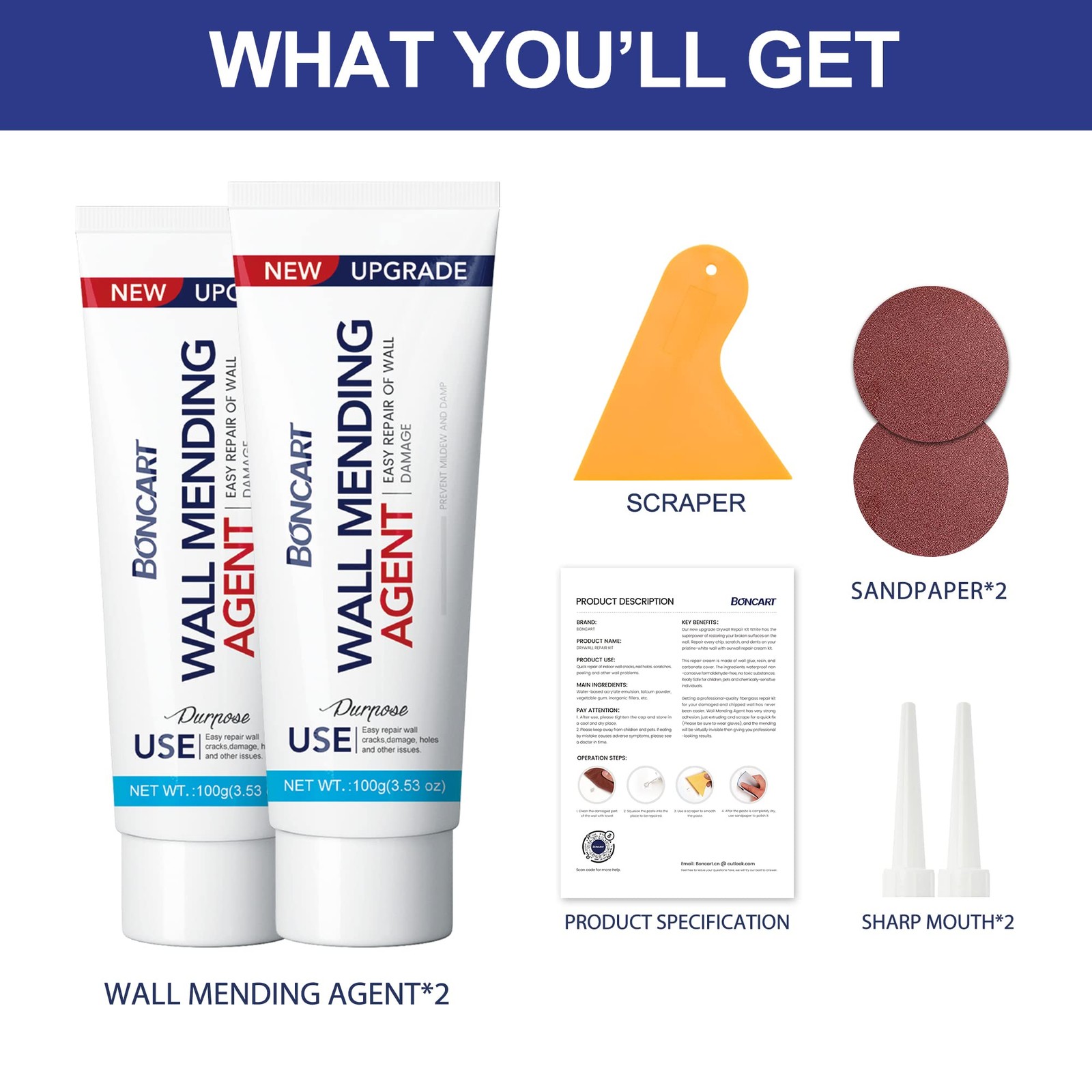 Drywall Repair Kit,2 Pack Wall Mending Agent,Wall Spackle with Scraper, White