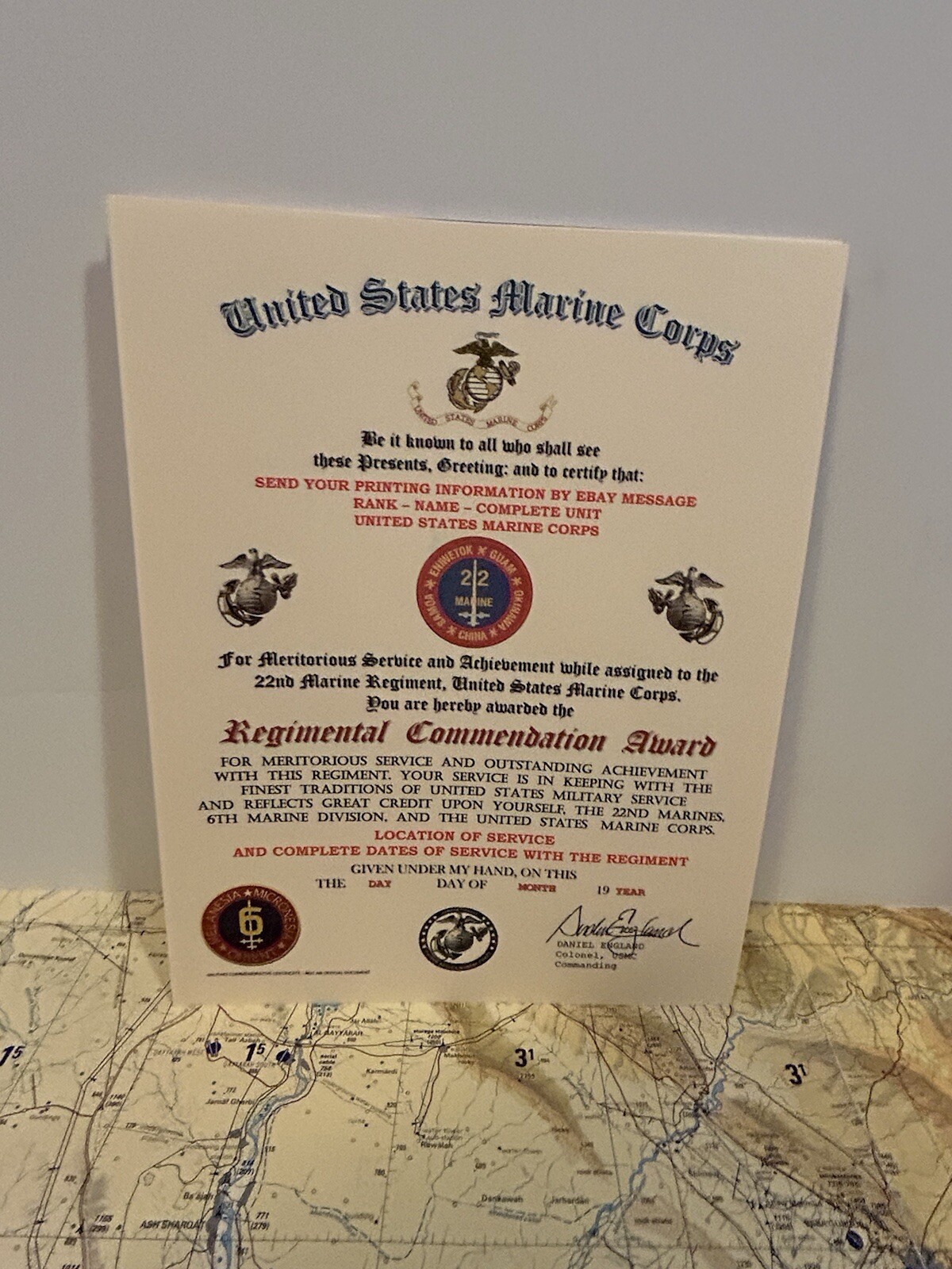 U.S.M.C. / 22ND MARINE REGIMENT - REGIMENTAL COMMENDATION AWARD CERTIFICATE