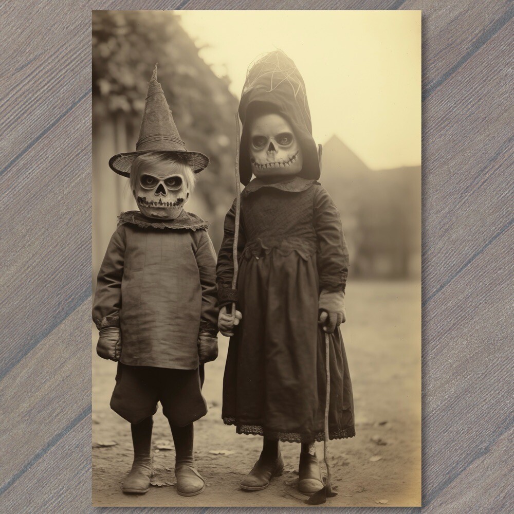 POSTCARD Weird Creepy Vintage Vibe Kids Masks Halloween Unusual Hats 👻 V