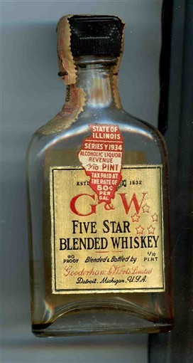 G&W Five Star Blended Whiskey Empty Miniature Glass Bottle 1934 IL Tax Stamp