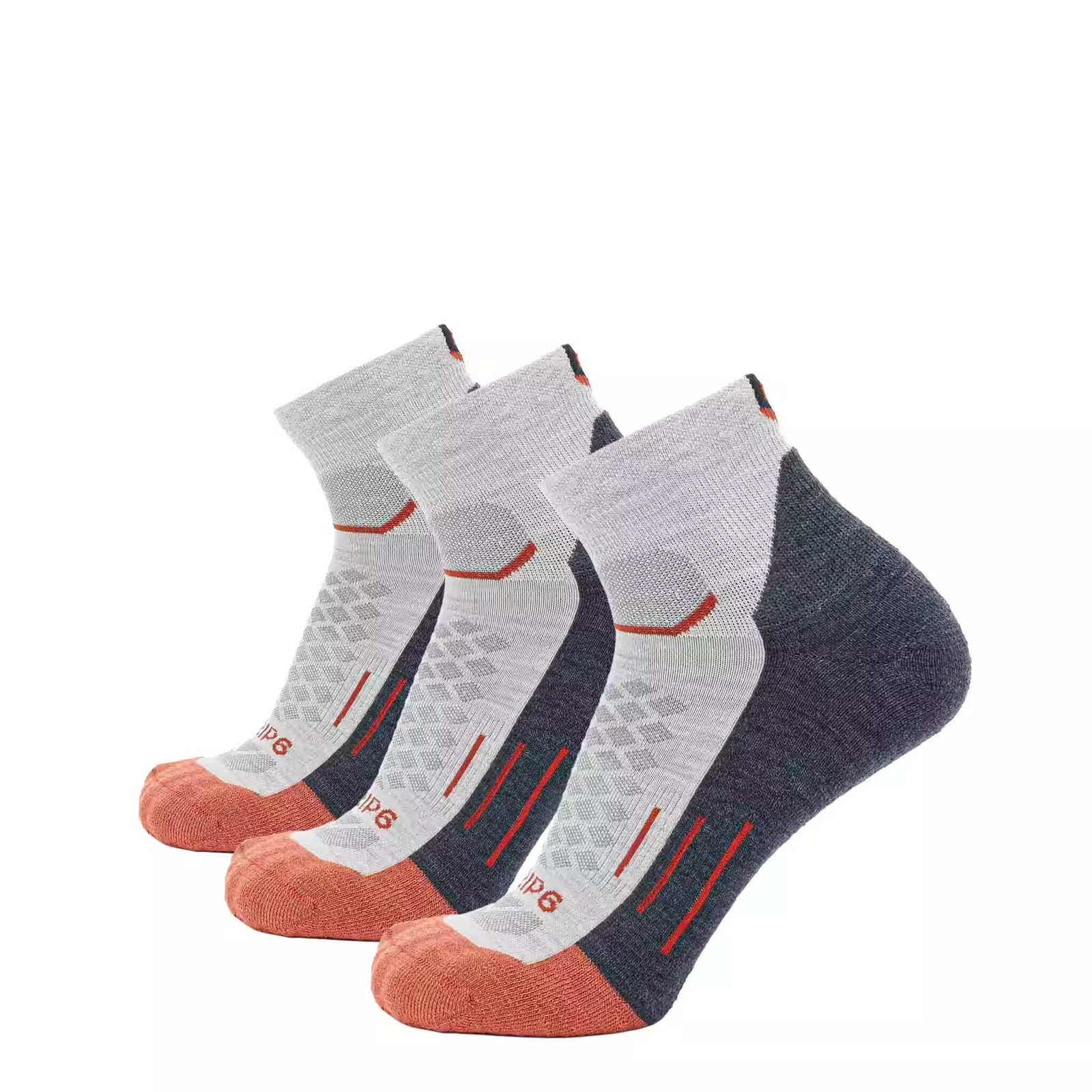 GRIP6 3 Pack Merino Wool 1/4 Crew Running Socks Midweight Orange USA Made