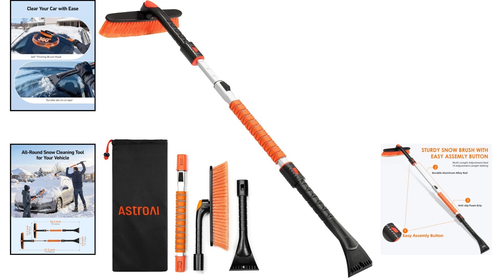 Thick-Bristled Snow Brush & Ice Scraper Combo - Ultimate Winter Tool (Orange)
