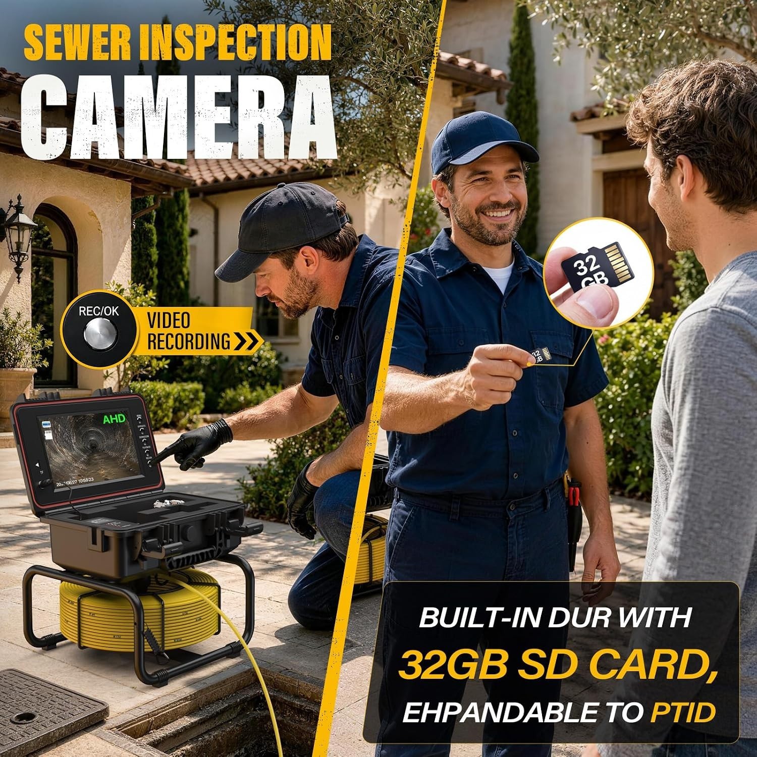 High-Performance 100FT Self-Leveling Pipe Camera with 5x Zoom & 10-Hour Battery