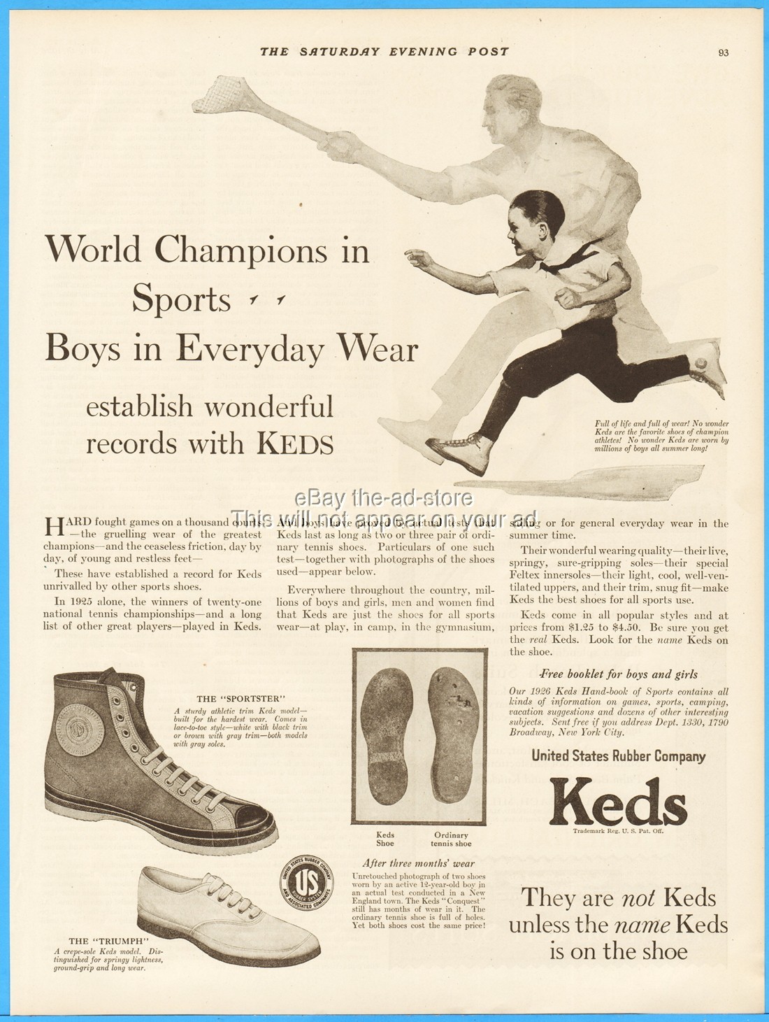 1926 US Rubber Keds Sportster Tennis Gym Shoes World Championship in Sports Ad