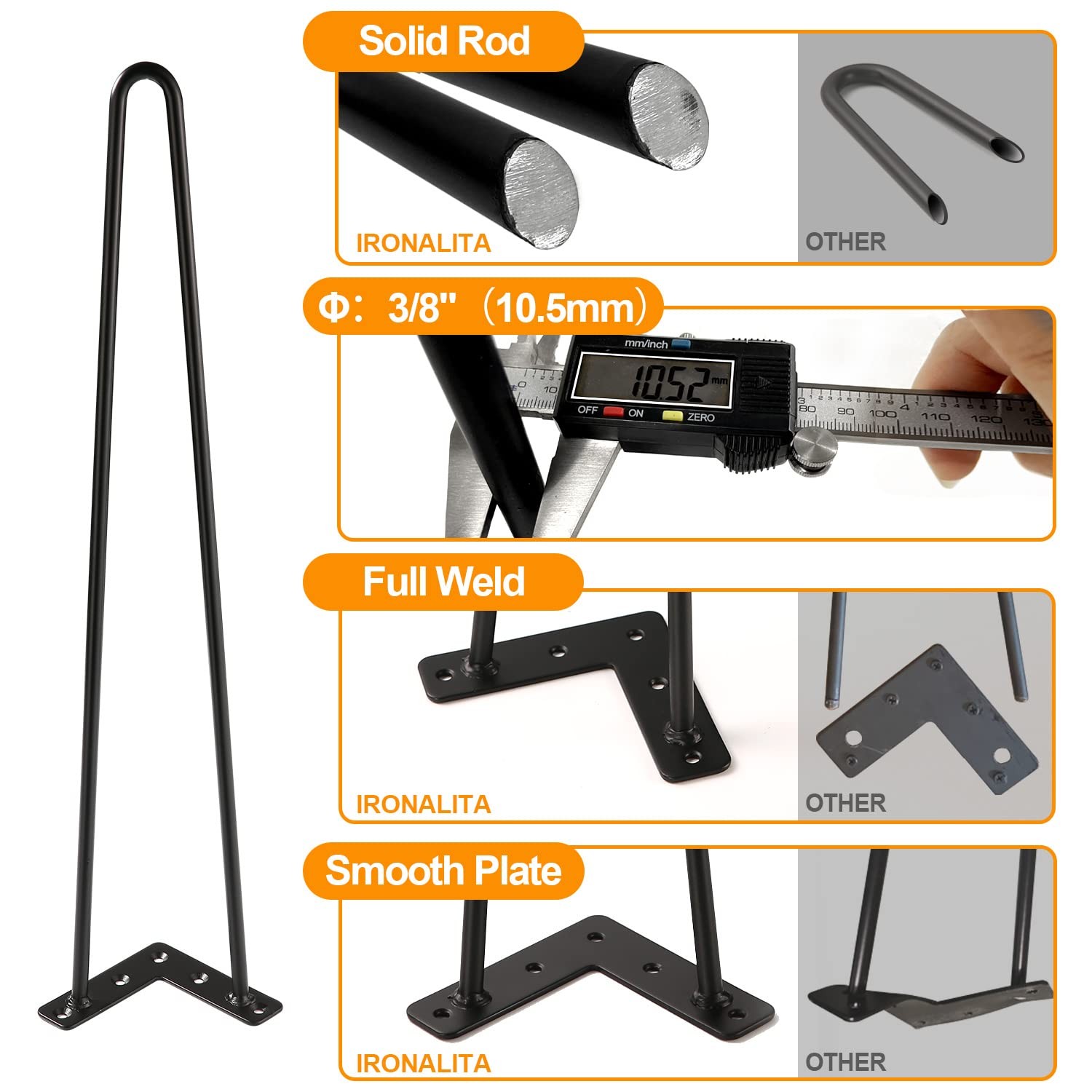 Ironalita 4 Inch Hairpin Legs for Furniture Set of 4, Heavy 4 inch, Black