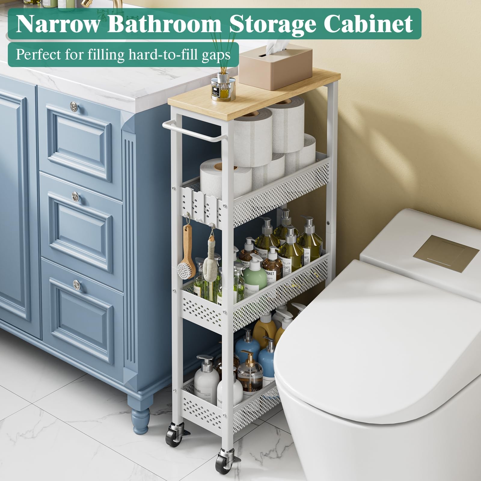 Slim Rolling Storage Cart 4 Tier Bathroom Organizer Mobile Shelving Unit Util...