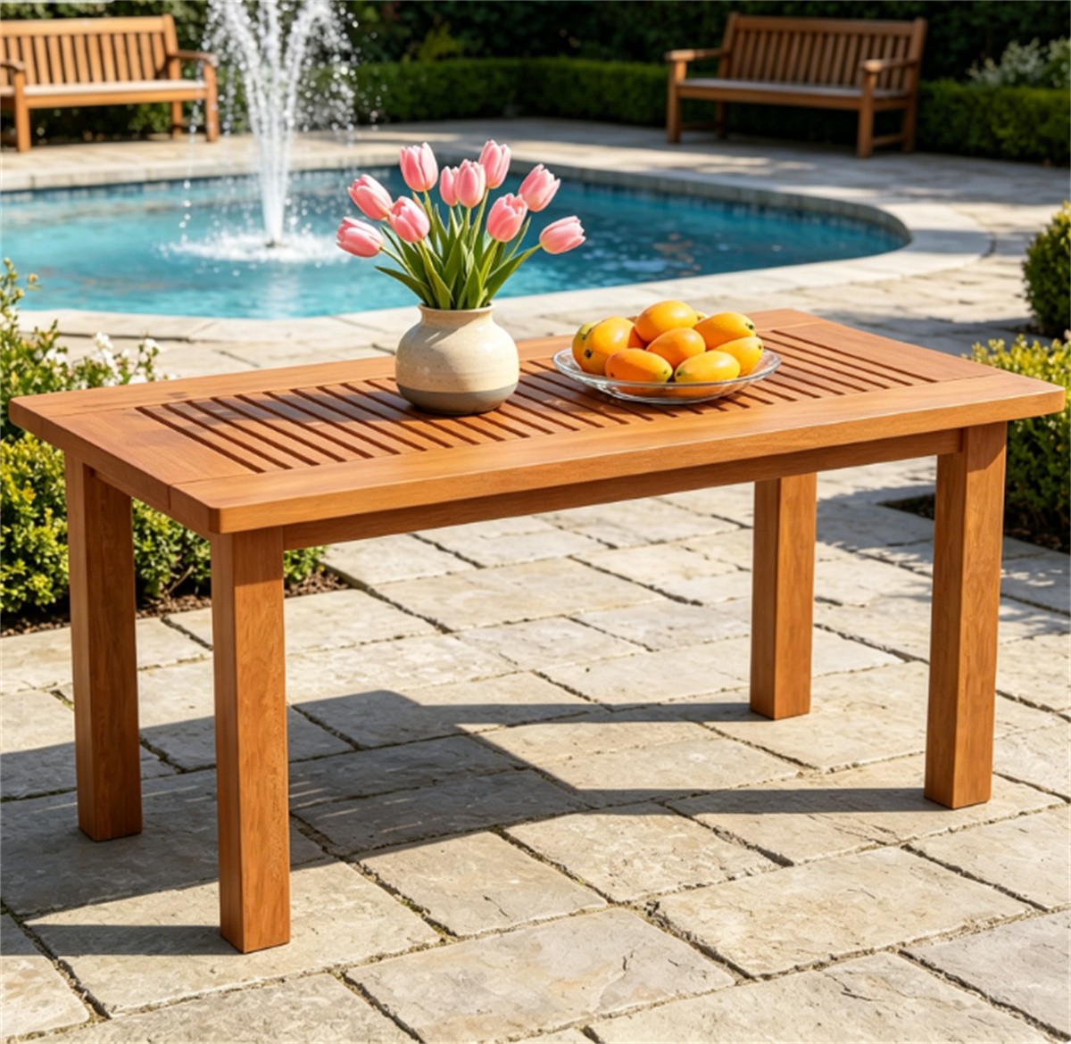 Rectangular Wooden Patio Coffee Table 35.5" x 18" x 17" 130LBS Capacity