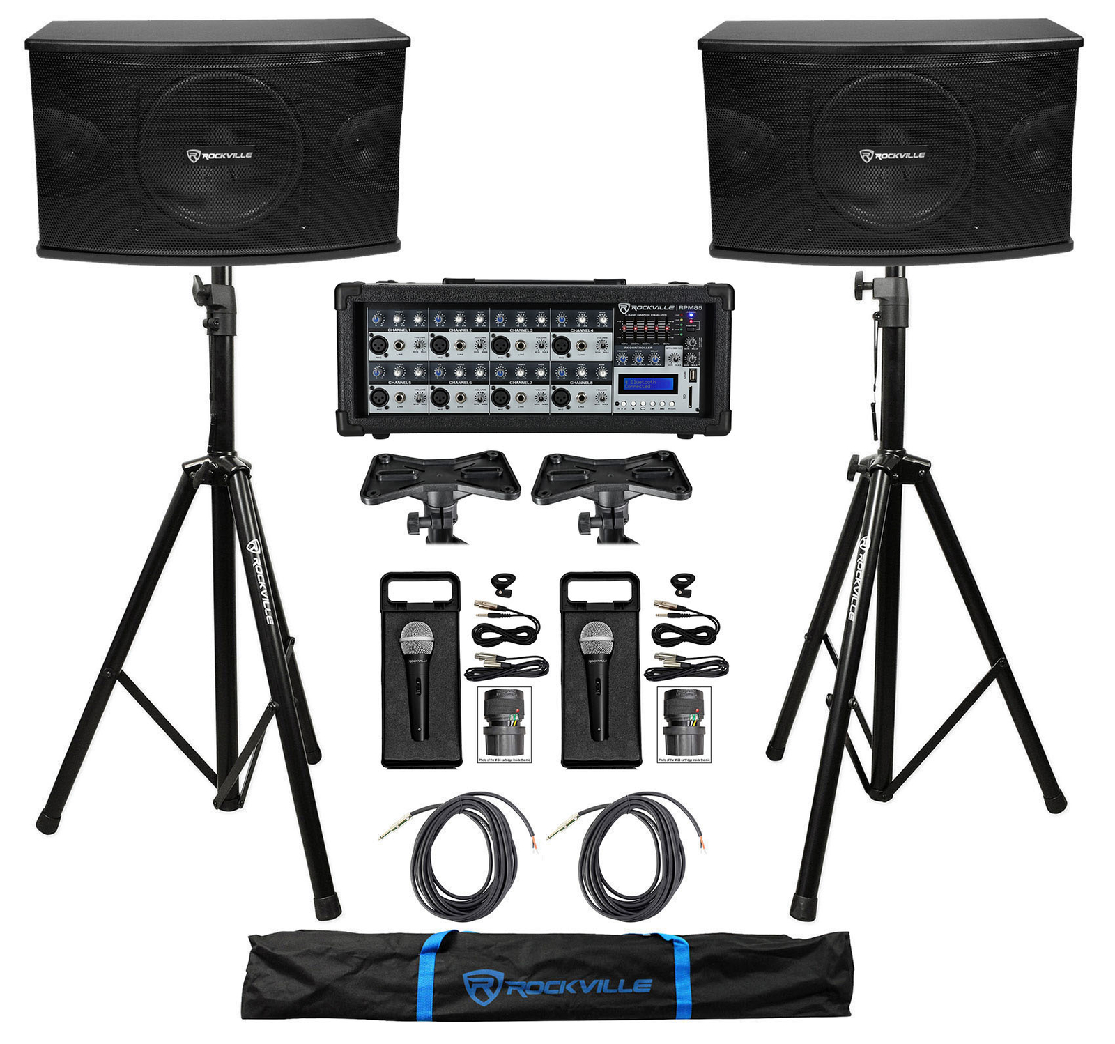 2) Rockville KPS10 10" 3-Way 1200w Karaoke Speakers+Mixer+Tripod Stands+(2) Mics