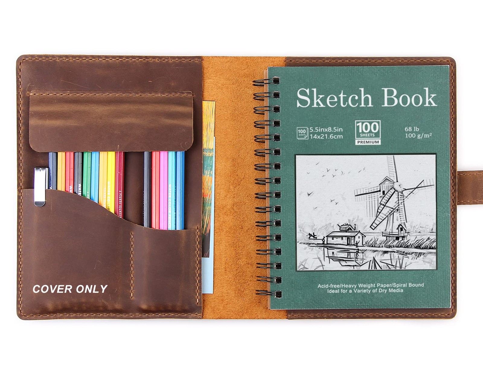 Handmade Leather Sketchbook Cover, Leather Artist Sketch Pad Cover for 5.5" x...