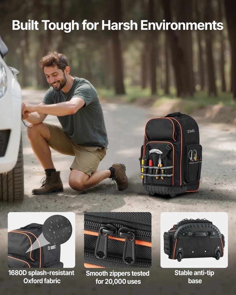 Rolling Tool Backpack, 110 lbs Load Capacity, 72 Pockets Heavy Duty Roller Tool