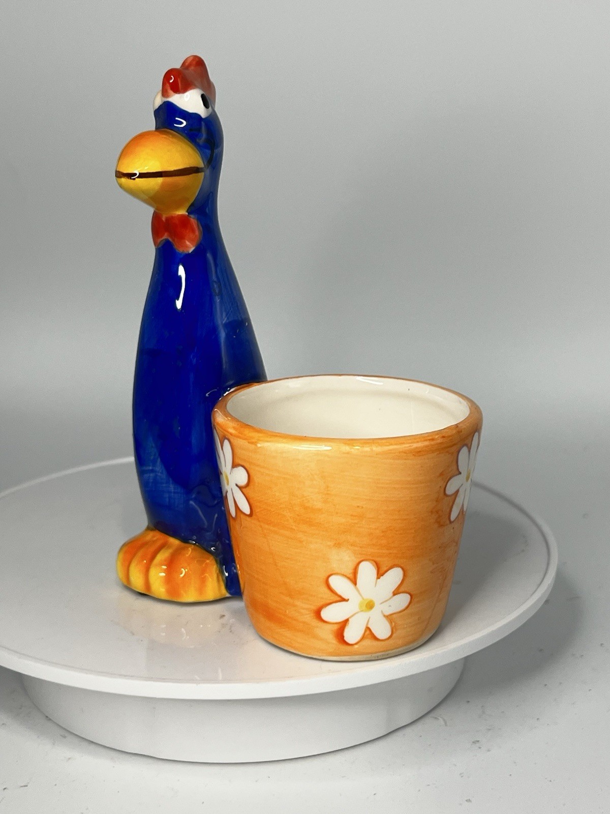 Whimsical Blue Rooster Chicken Ceramic Utensil Holder Planter Kitchen Caddy 6”