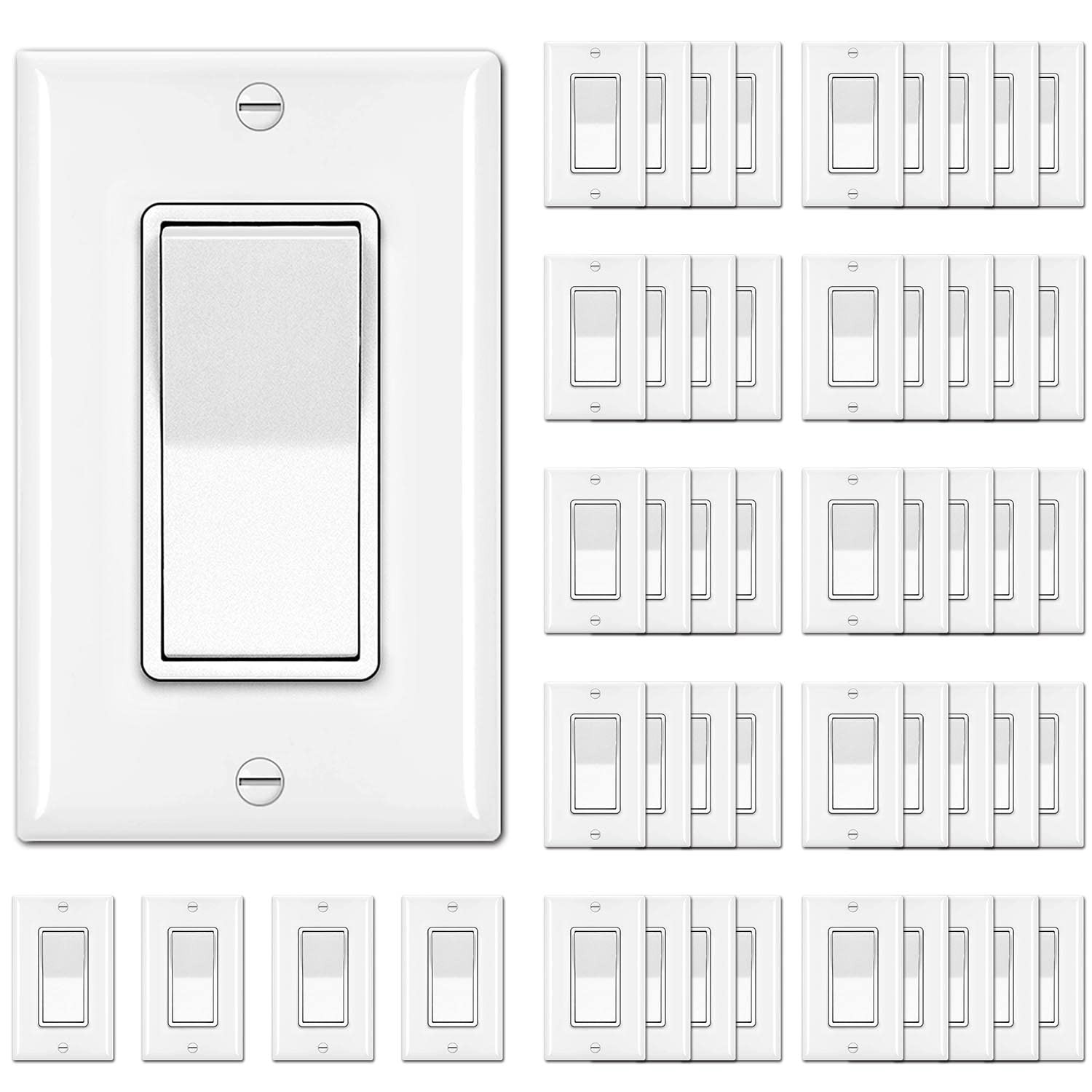 50 Pack BESTTEN Single Pole Decorator Wall Light Switch with Wallplate, 15A