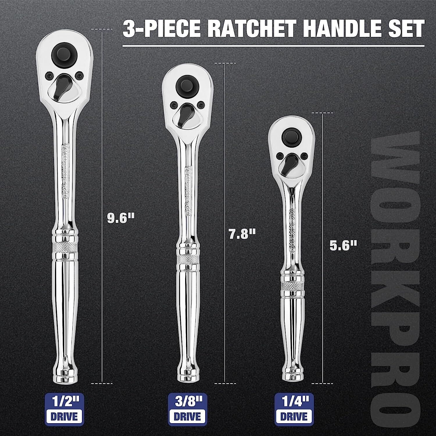WORKPRO 3PCS Ratchet Set 1/4" 3/8" 1/2" Dr Ratchet Handle Quick Release 72-Tooth
