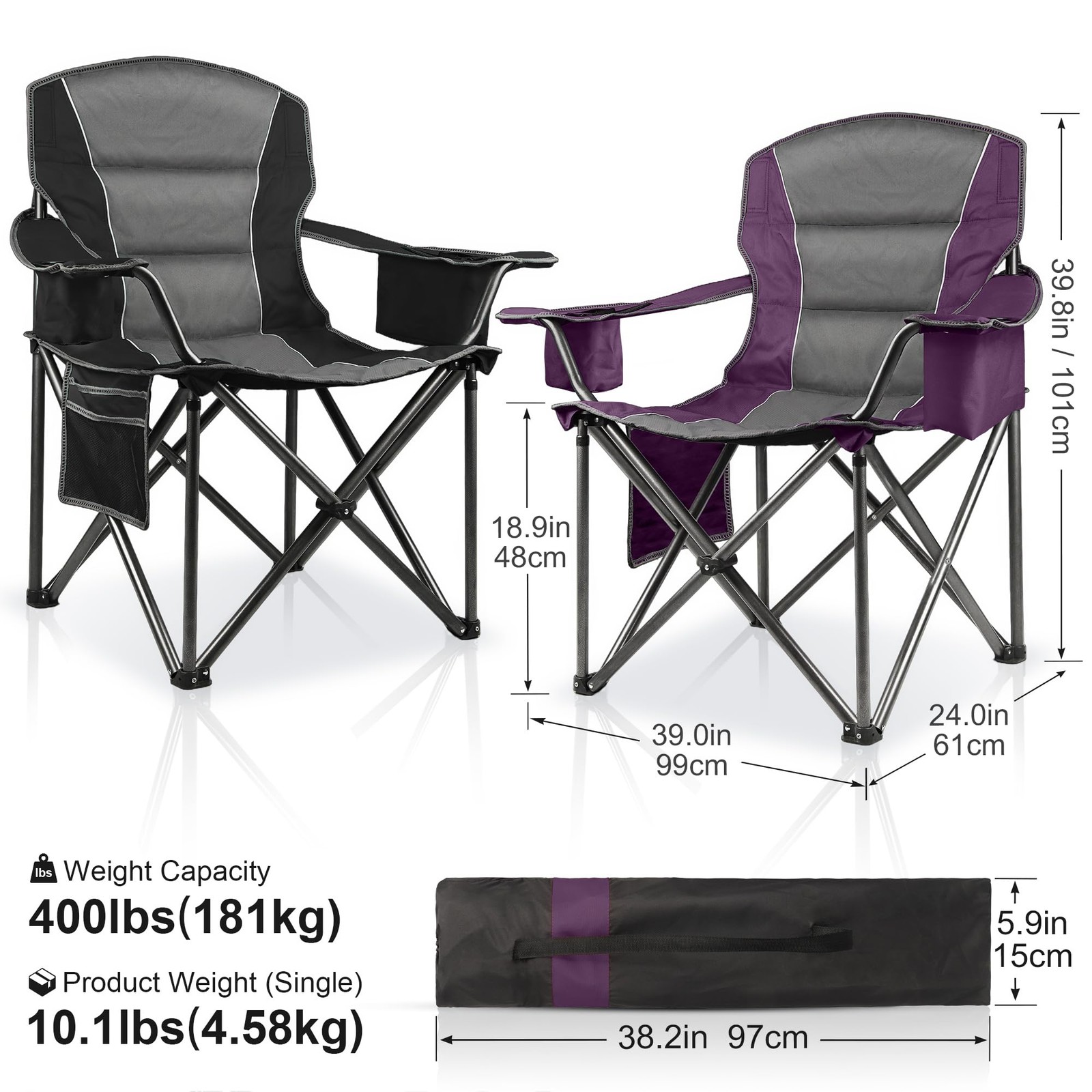 LANMOUNTAIN 2-Pack Padded Oversized Camping Chairs for Adults, 400lb Support