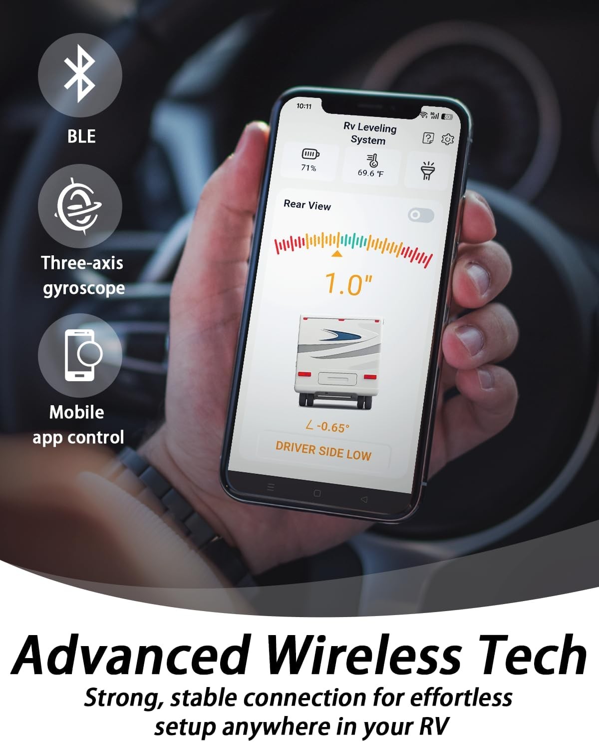 Wireless RV Leveling System - User-Friendly Phone App with Real-Time Precise Lev