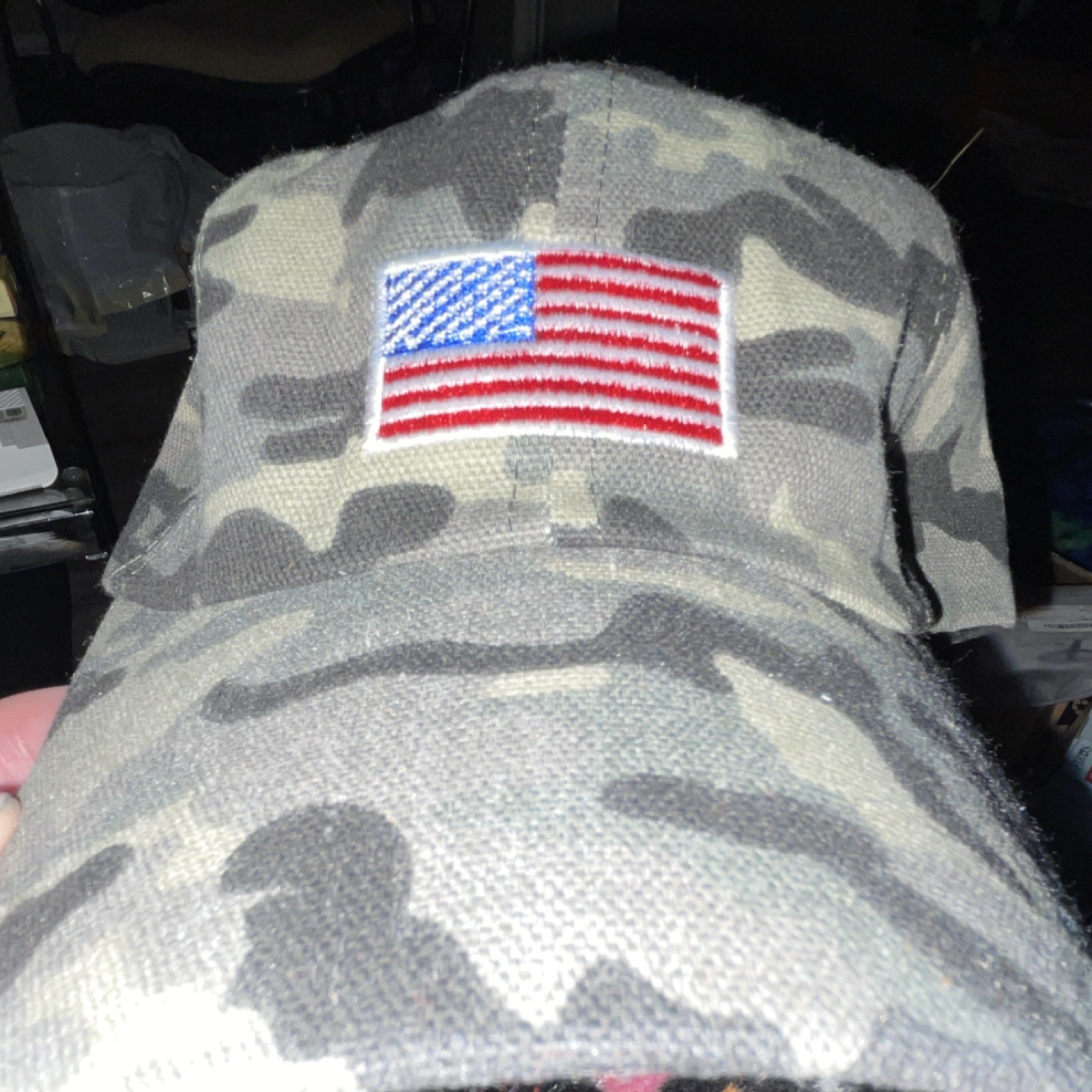 Camouflage Ball Cap Gray Black Green with American Flag Patch