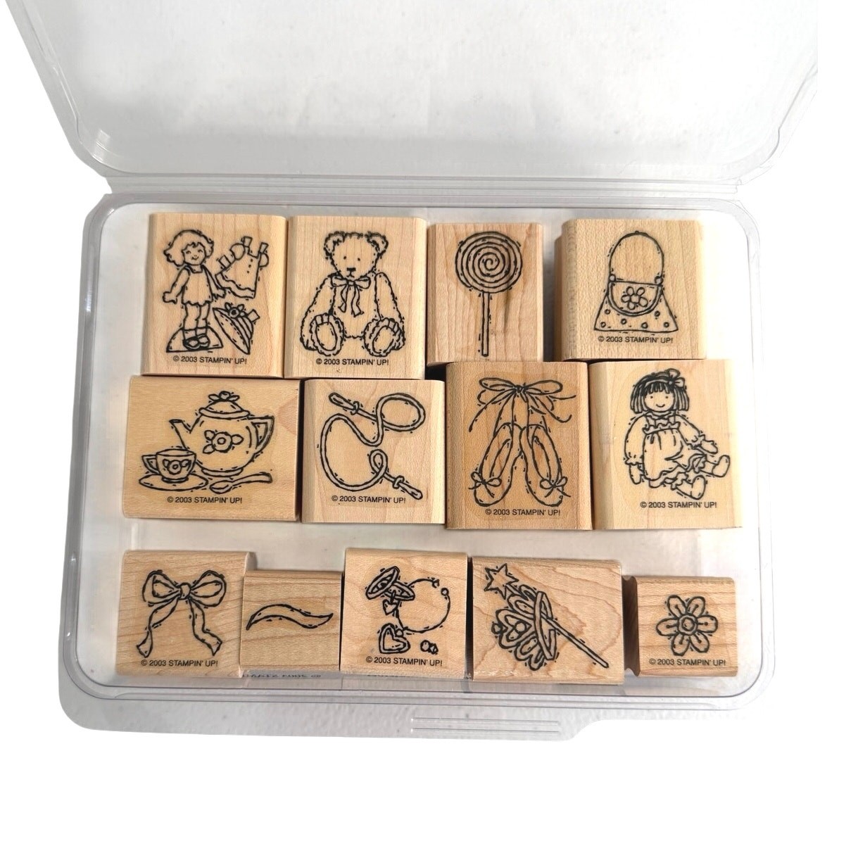 Stampin’ up set of 13 wooden rubber stamps Please”button, bows and twinkle toes”