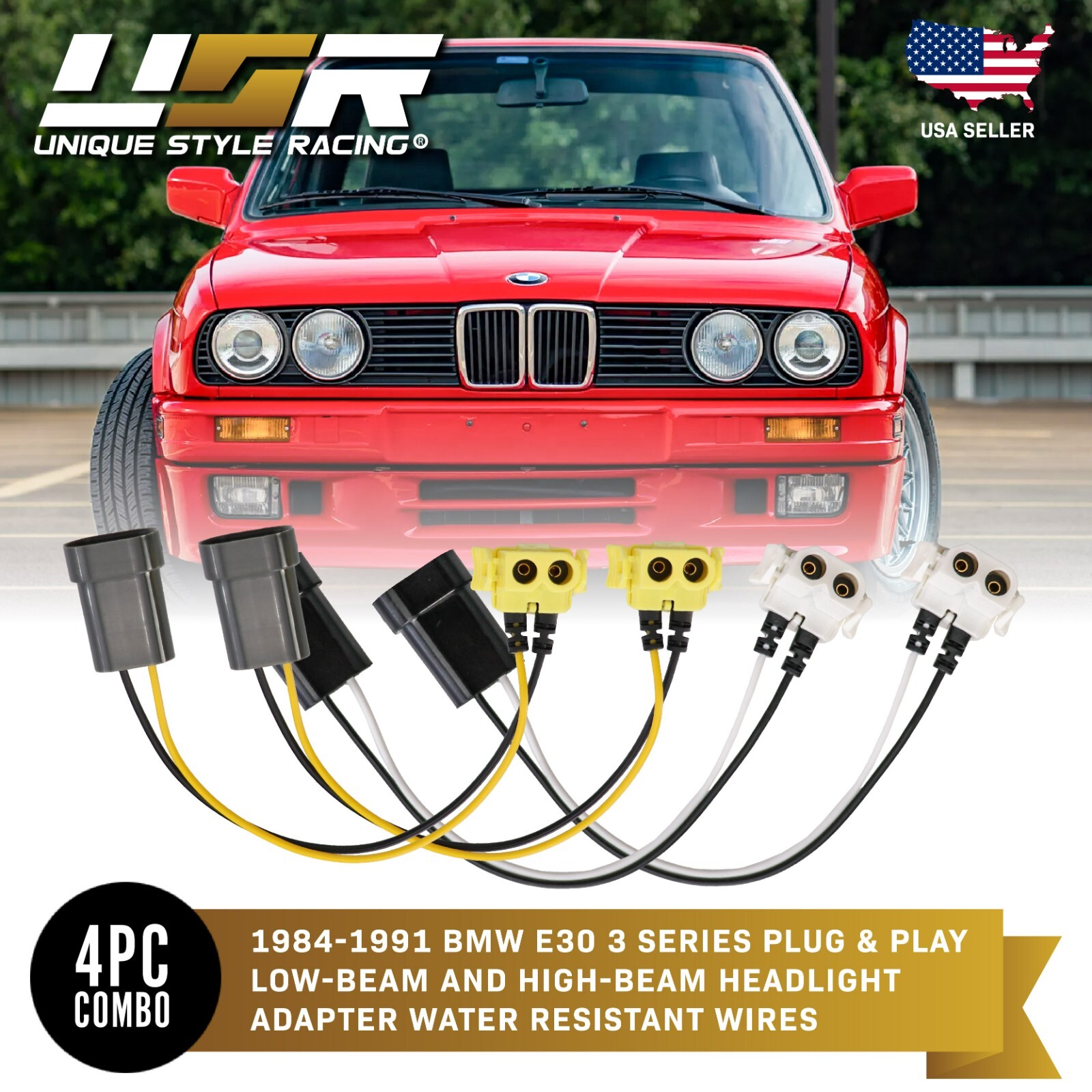 Euro Smiley Headlight to US x4 Wire Adapter High+Low Beam For BMW E30 318 325 M3