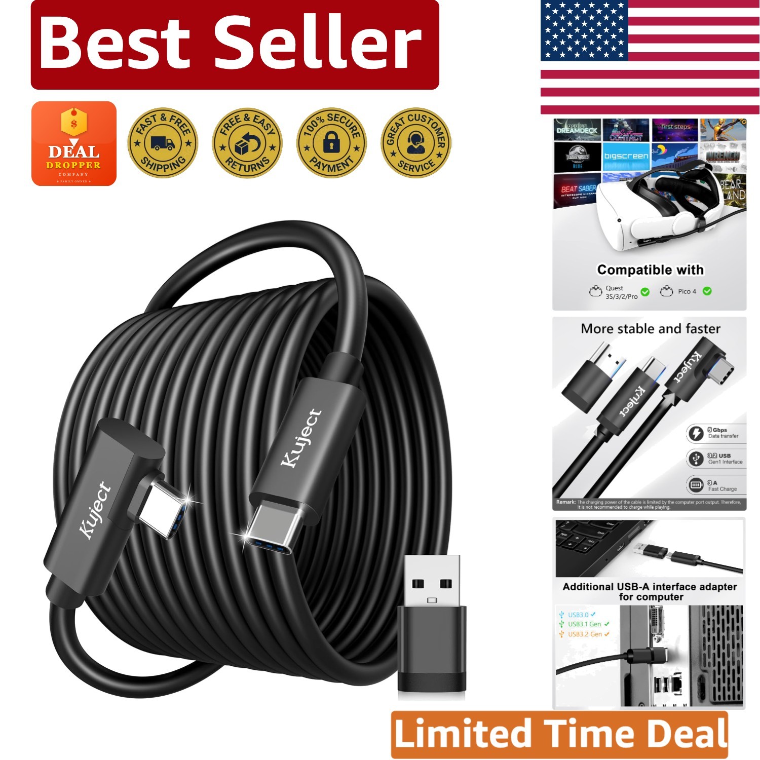 Flexible 16FT USB Type C Link Cable for Rift S/Steam VR - High Speed Performance