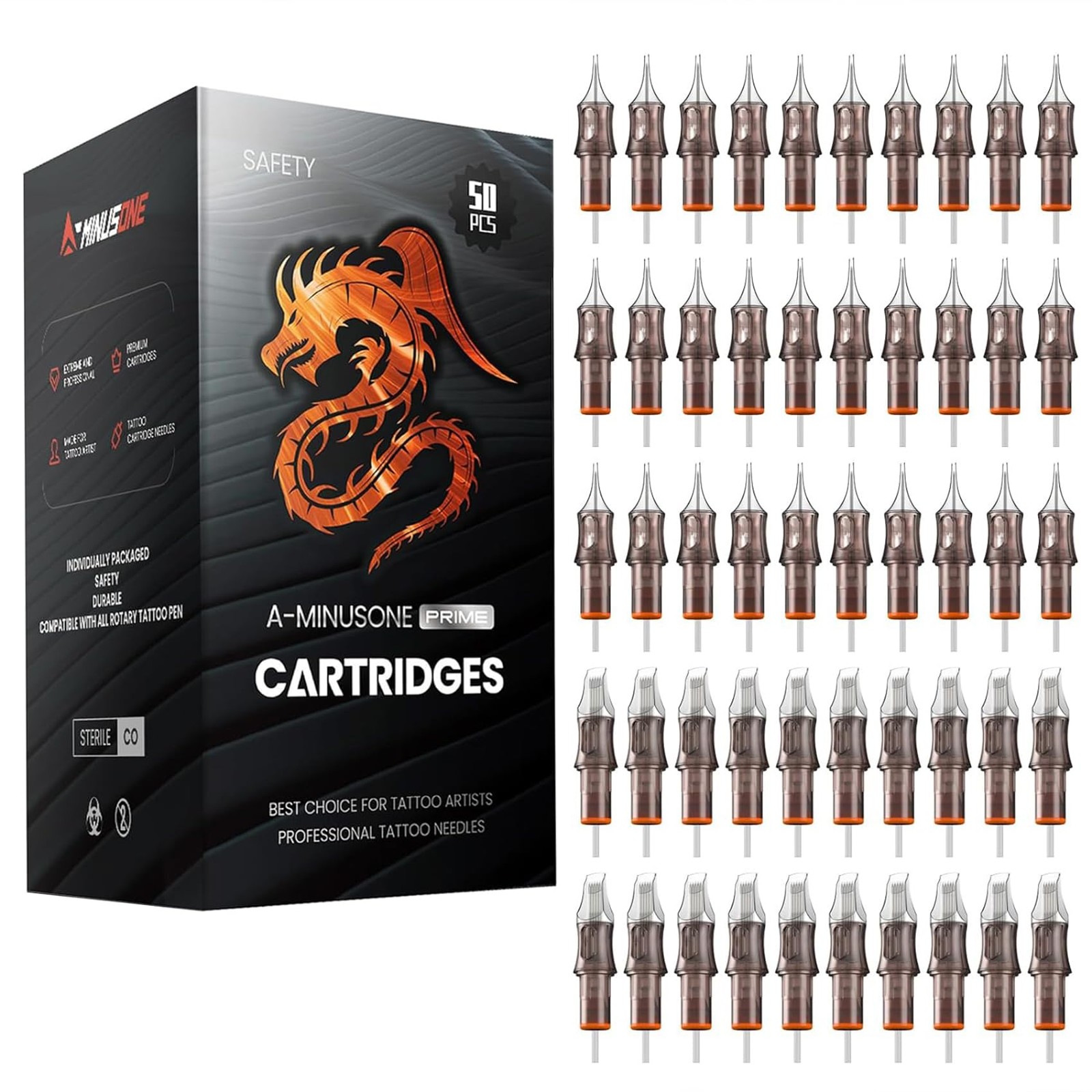 50 Assorted Tattoo Cartridge Needles Mixed Size 50Pcs-10RL+RM+RS+M1, black