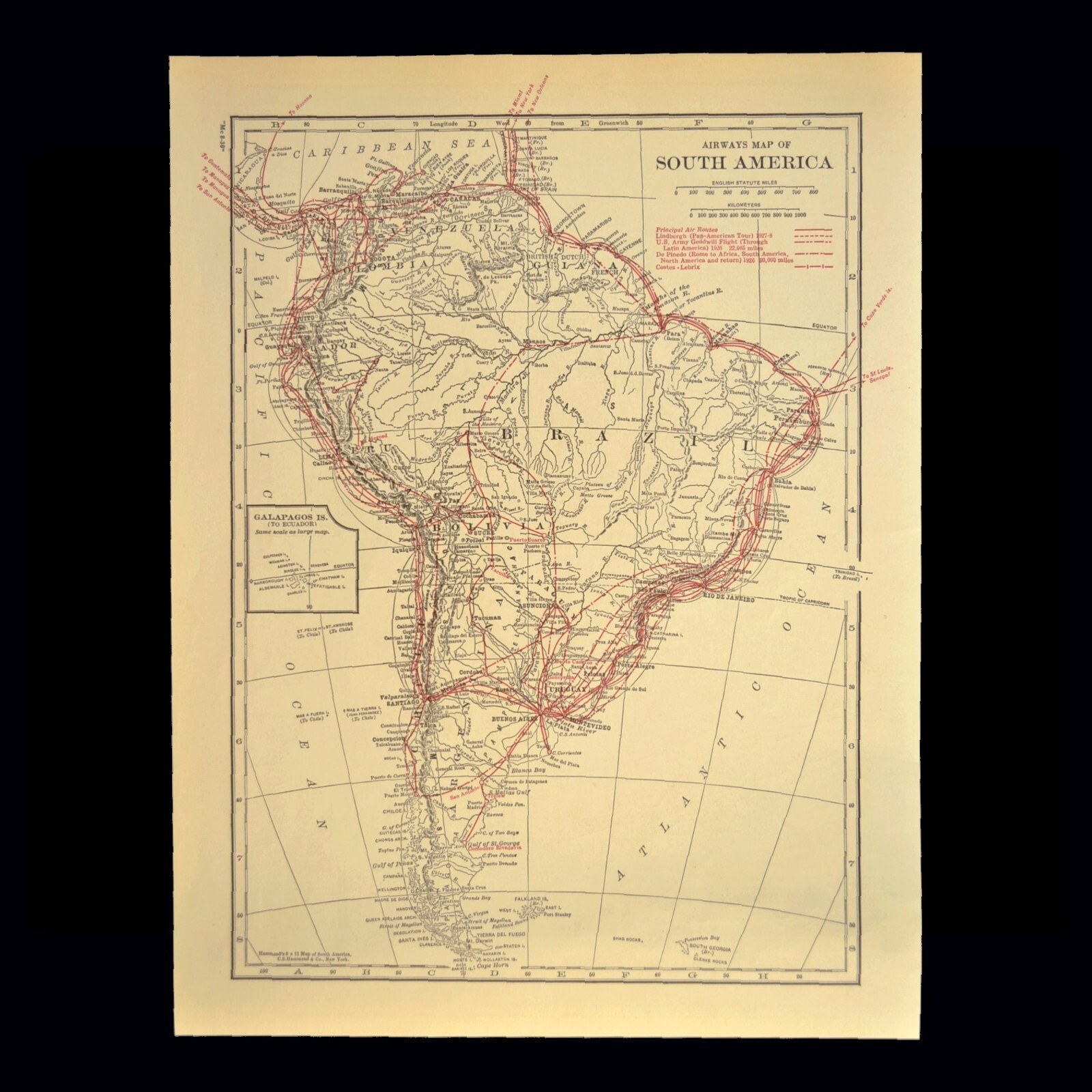 Antique SOUTH AMERICA Map Flight Aviation Charles Lindbergh Achievements 1920s