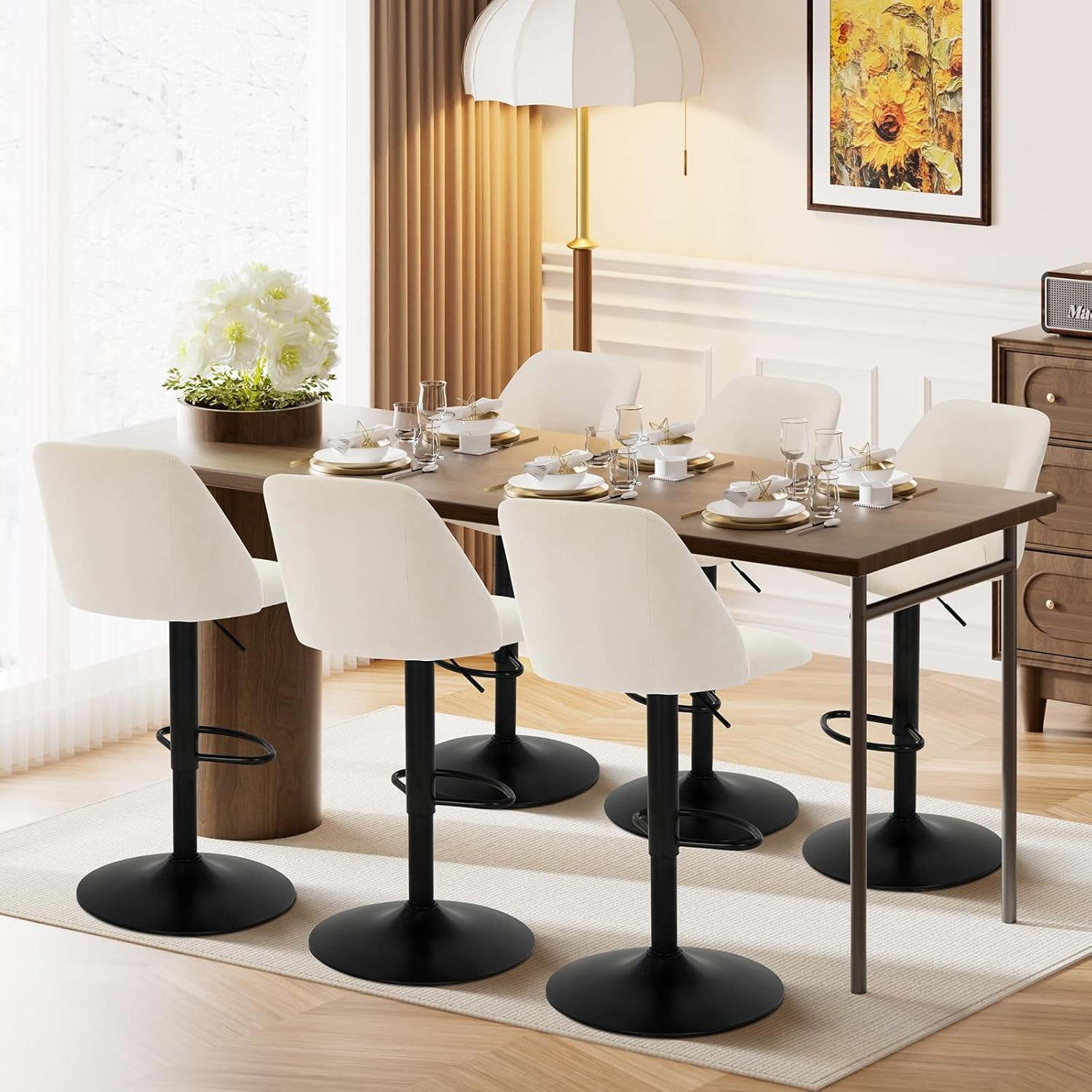 Bar Stools Set of 2, Modern Swivel Bar Chairs, Adjustable Upholstered Barstools