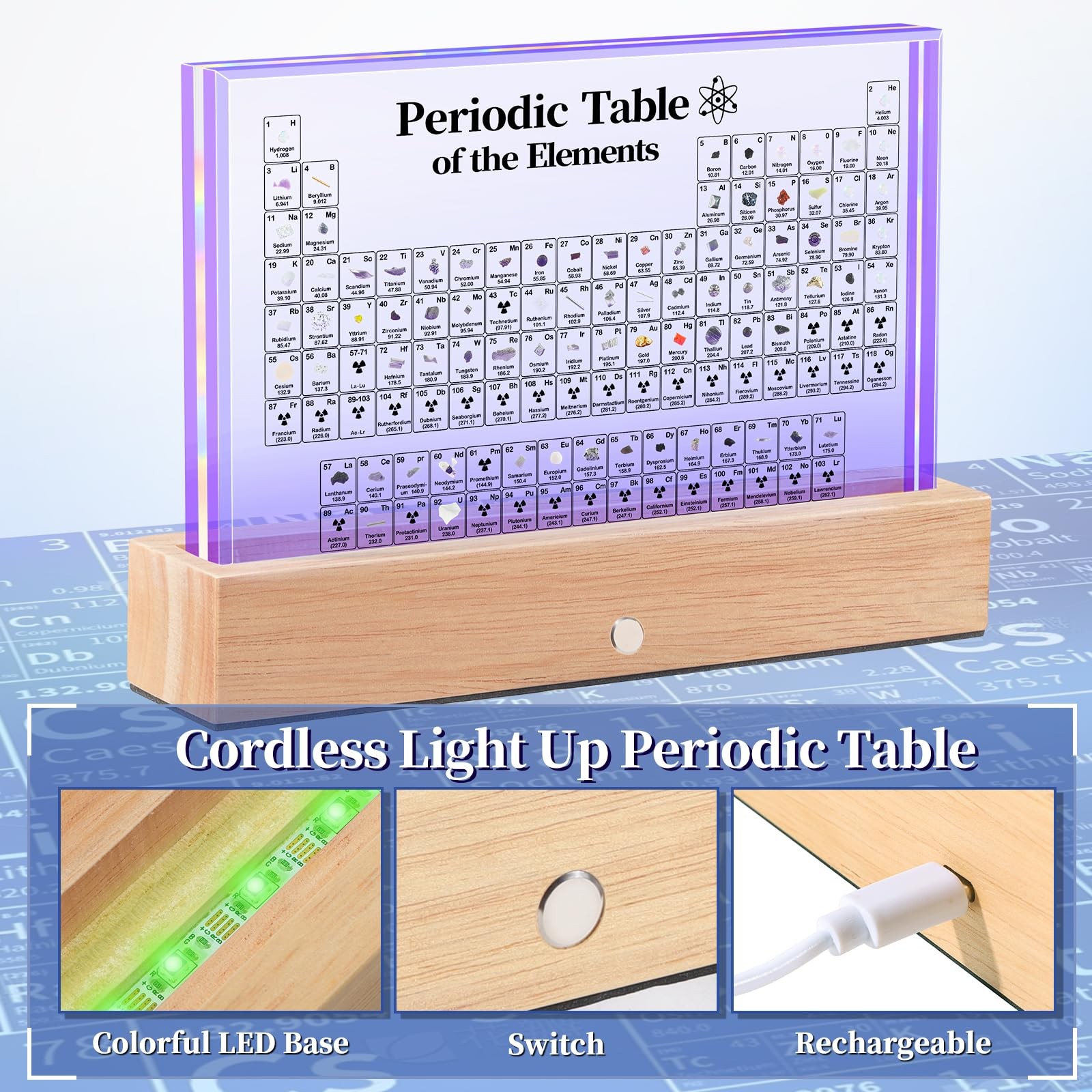 "Large Acrylic Periodic Table with Real Elements & LED Lights - Educational